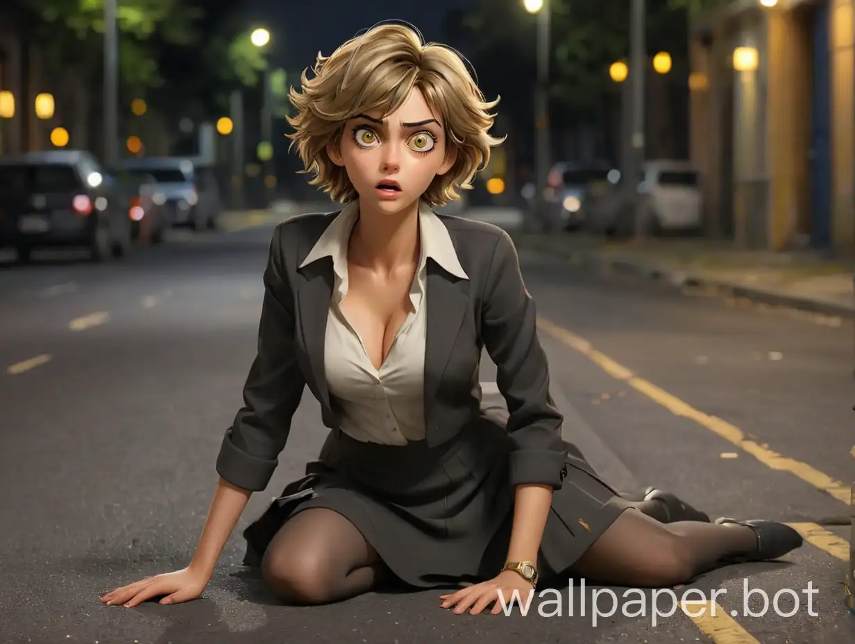 Draw a woman, short messy dark blonde hair, yellow ringed eyes, slender figure, high quality, realistic, accurate, detailed, long shot, outdoors, night lighting, office clothes, skirt, handbag, seductive pose, a surprised expression on her face, large cleavage, full body, lying on the asphalt