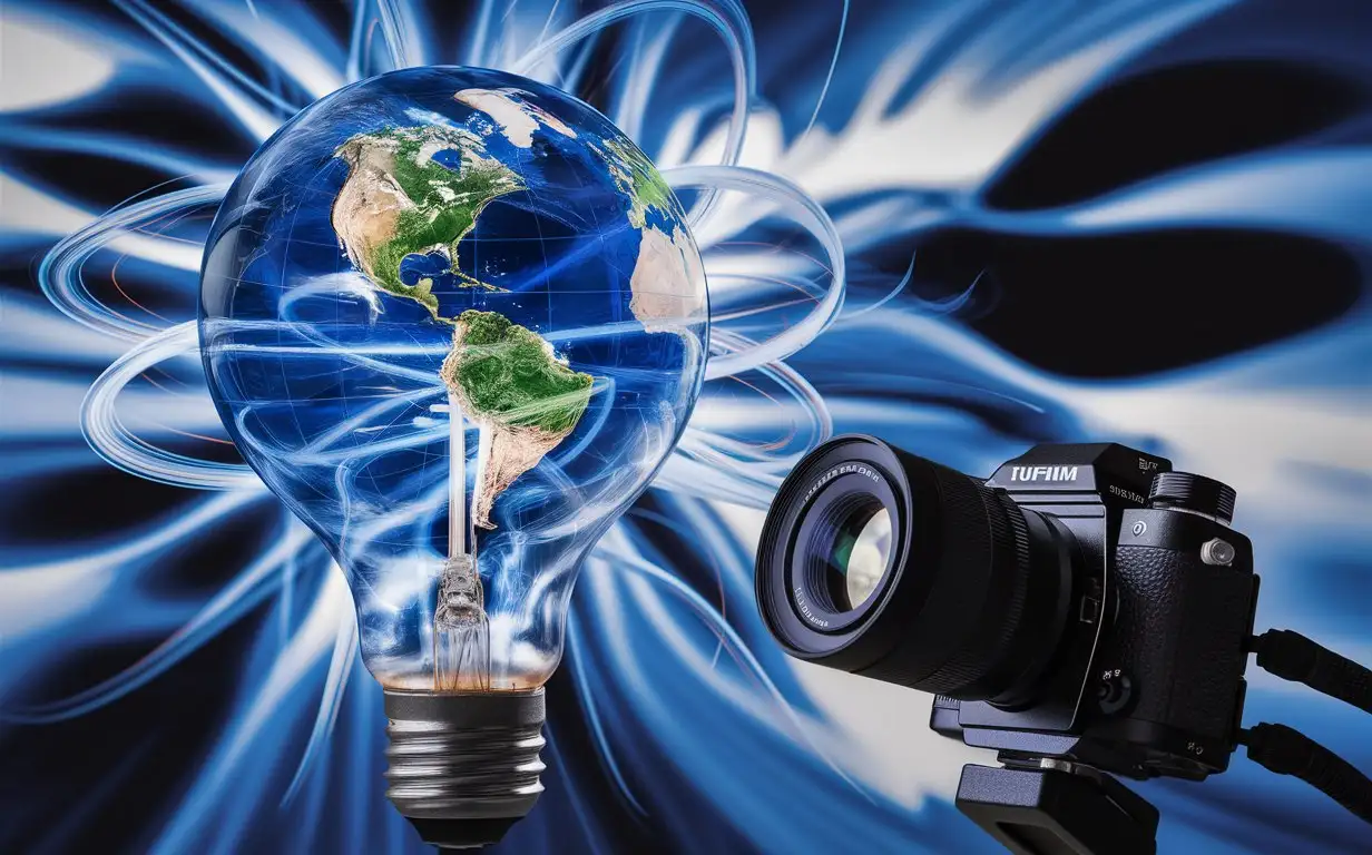 A blue light bulb with the world inside glowing, radiating beams of energy on an abstract background. The globe is detailed and translucent, surrounded by rays that form dynamic patterns around it. This scene symbolizes innovation in technology or global connectivity. The photo was shot using a Fujifilm GFX 50S camera, wide angle lens, with sharp focus on earth and a blurred background with a blue color theme and high resolution, in the style of a photo shoot.