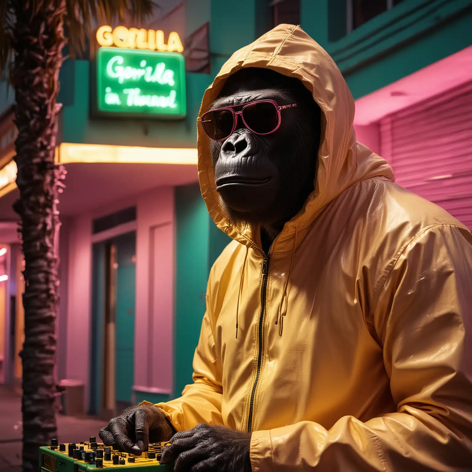 The gorilla is in Miami, it's night, and there's art deco architecture with green and pink neon lights illuminating the area. The gorilla wears dark sunglasses and a YELLOW COLOR jumpsuit like the one in the Breaking Bad series. His head is covered by the yellow hood.
he is playing an african percussion instrument. Close up. cinematic.