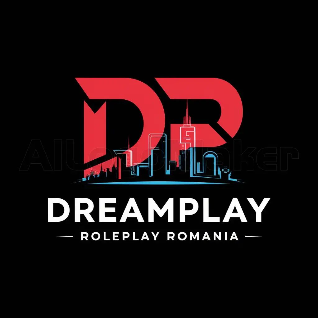 LOGO-Design-for-DreamPlay-RolePlay-Romania-Sleek-City-Skyline-on-Black-Background