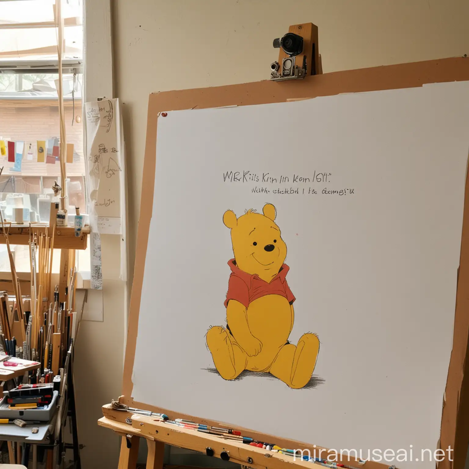 The background is an art studio.
There are art tools around.
Disney's animation "Winnie Pooh" is depicted on the drawing paper hung on the panel.
At the bottom right, the words "Mr. Kim 2024.05" are written large.
achromatic colors.