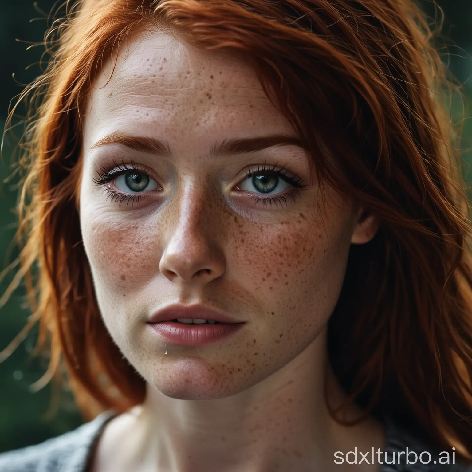 Medium shot, dark photo, freckled face, suggestive redhead Medium shot