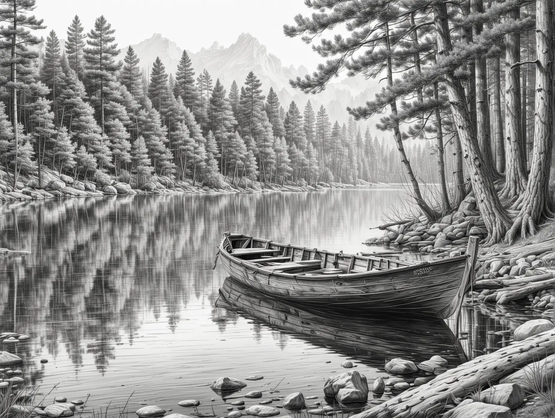 реалистичный рисунок максимально детализированный деревянный на берегу озера большая сосна, в воде деревянная лодка, с элементами природы на белом фоне в стиле карандашной графики