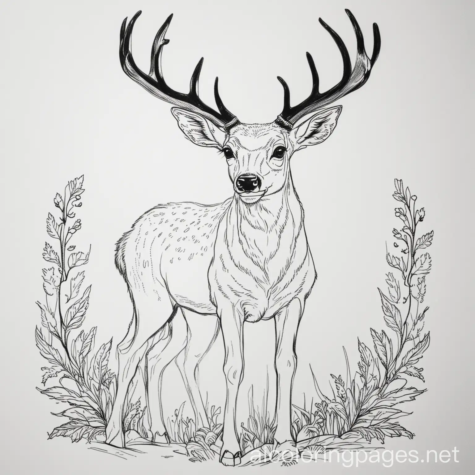 deer coloung page white background, black outline ,inner white
, Coloring Page, black and white, line art, white background, Simplicity, Ample White Space. The background of the coloring page is plain white to make it easy for young children to color within the lines. The outlines of all the subjects are easy to distinguish, making it simple for kids to color without too much difficulty