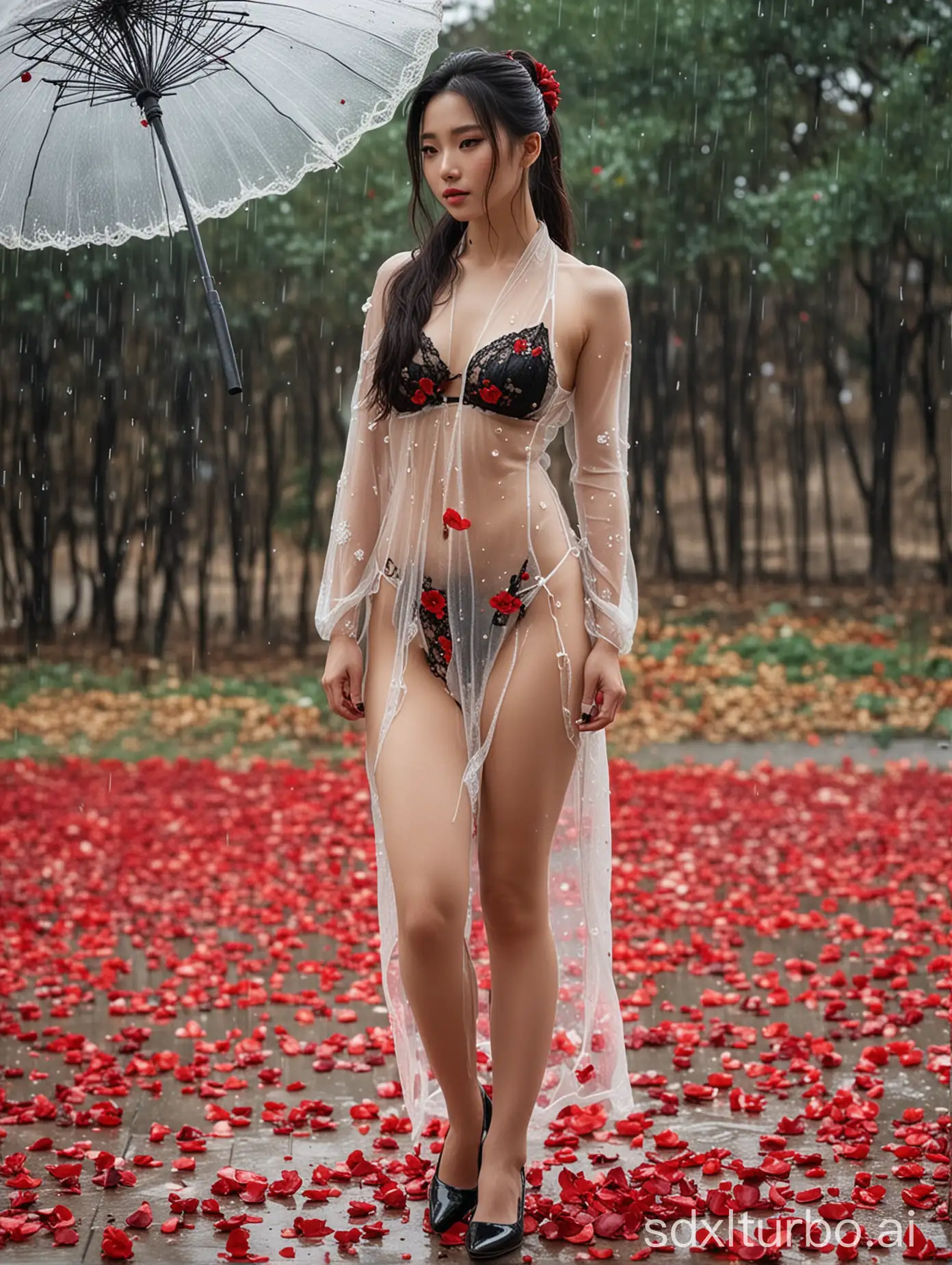 Elegant-Chinese-Woman-Collecting-Red-Petals-in-Rainy-Weather