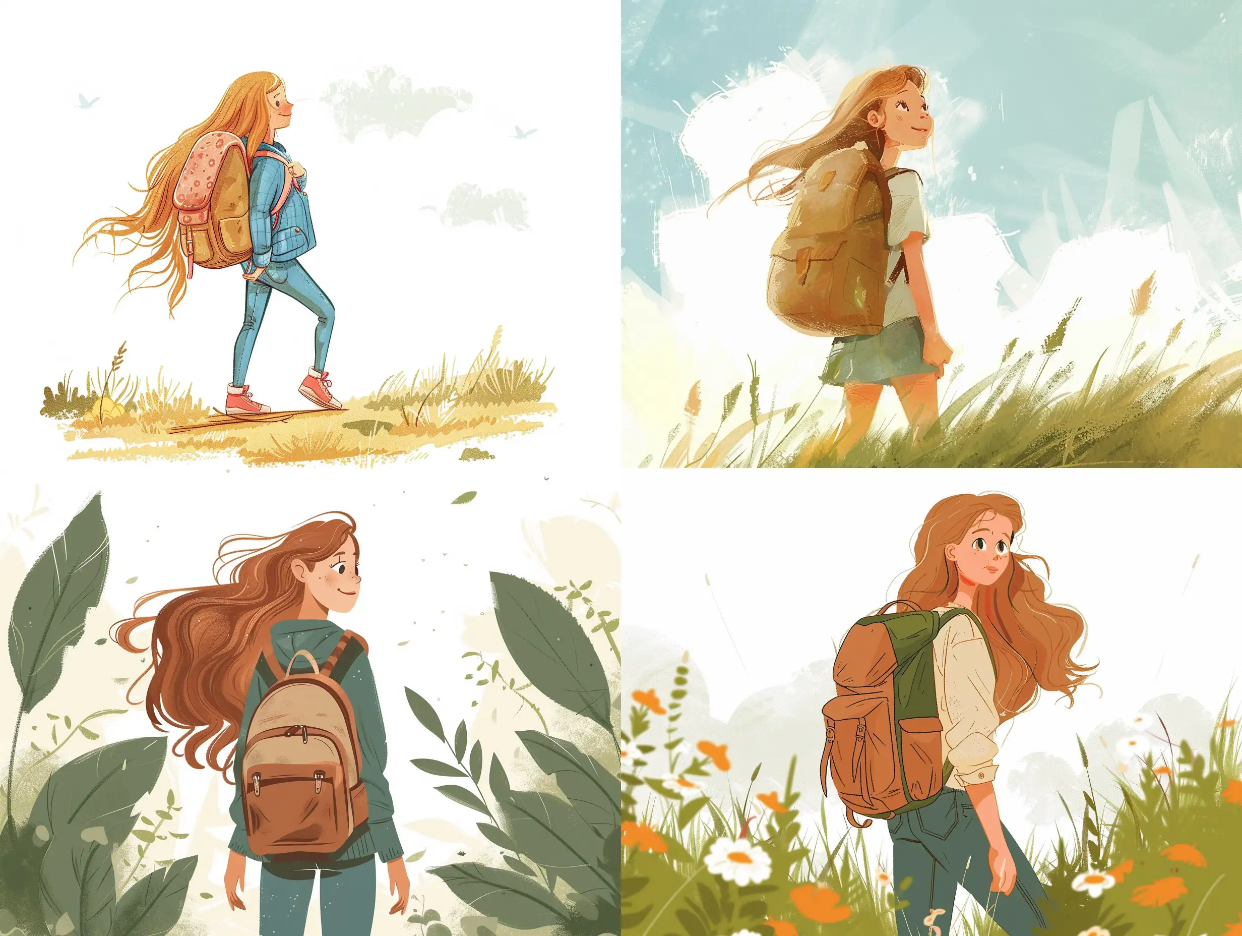 Illustration like a Disney fairytale about 7-years girl with light brown long hair who travels with her backpack
