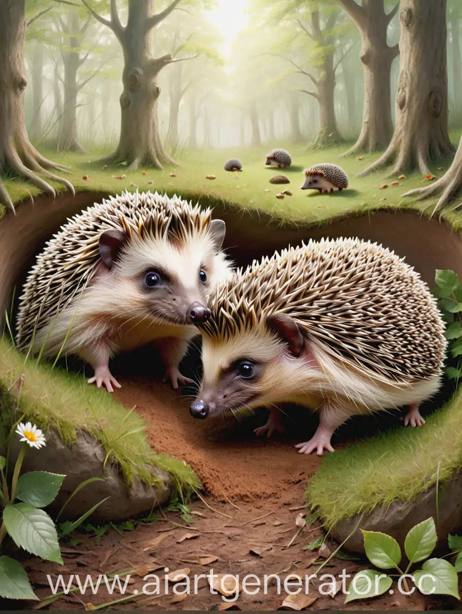 Two-Hedgehogs-on-Glade-Day-Drawing-Between-Mounds
