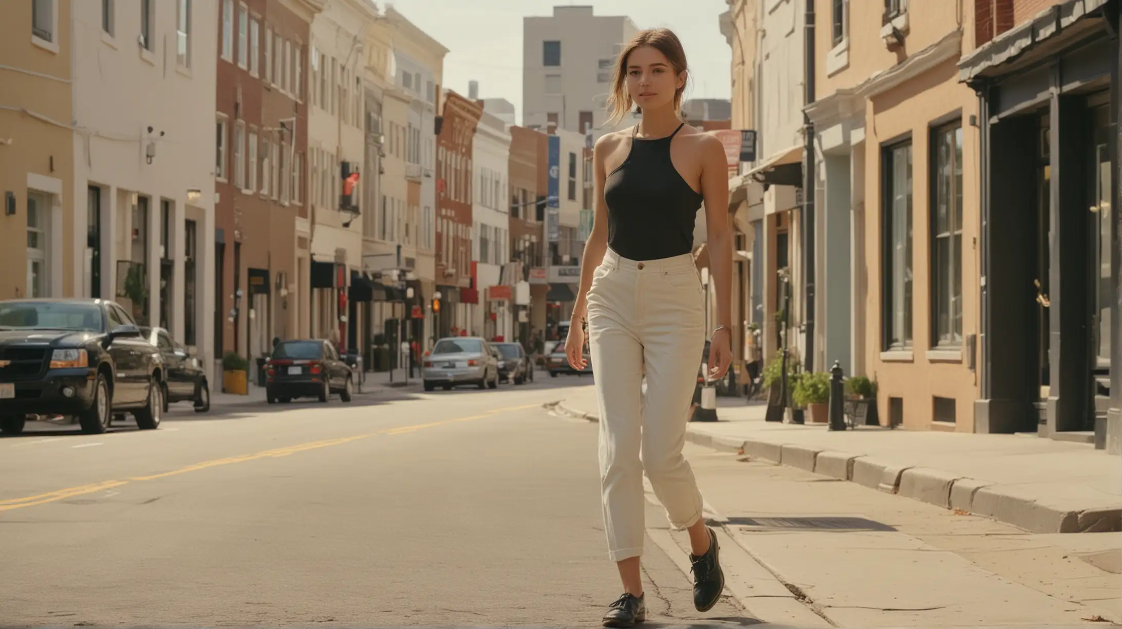 Stylish Young Woman Strolling Down Sunlit Urban Street