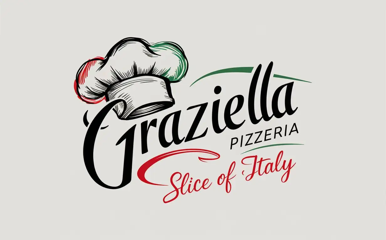 Handwriting Graziella Pizzeria Vector logo, Restaurant logo, Italian colors, Sketched chef's Hat, Slogan, Slice of Italy,