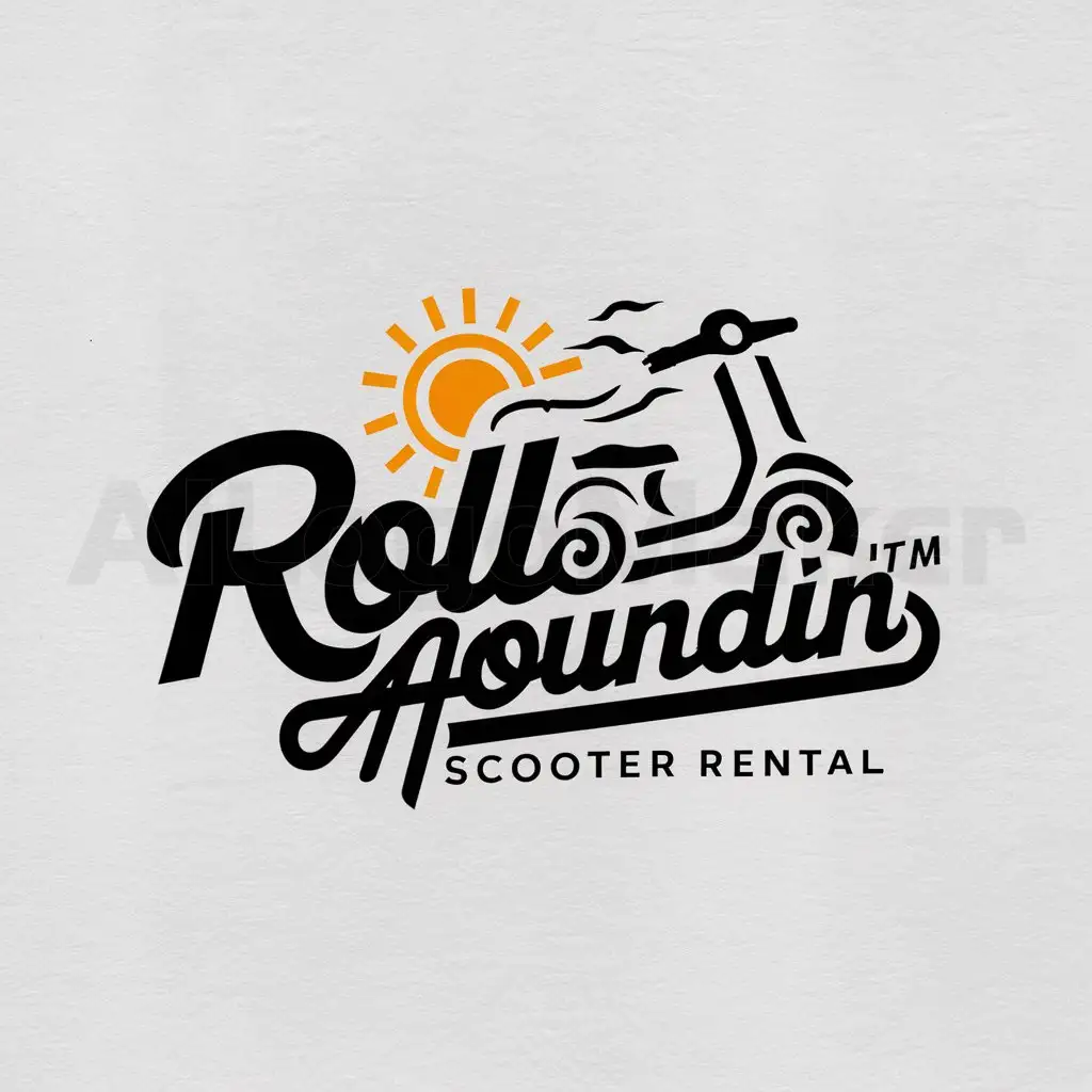 a logo design,with the text "rollaroundin", main symbol:scooter/rental/sun/feel wind,complex,be used in rental industry,clear background