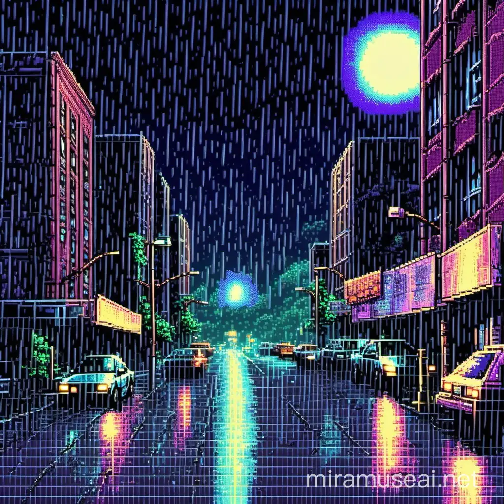 VHS 90S RAIN IN THE CITY, NIGHT TIME, MOON, pixelated style of a Sega Genesis videogame