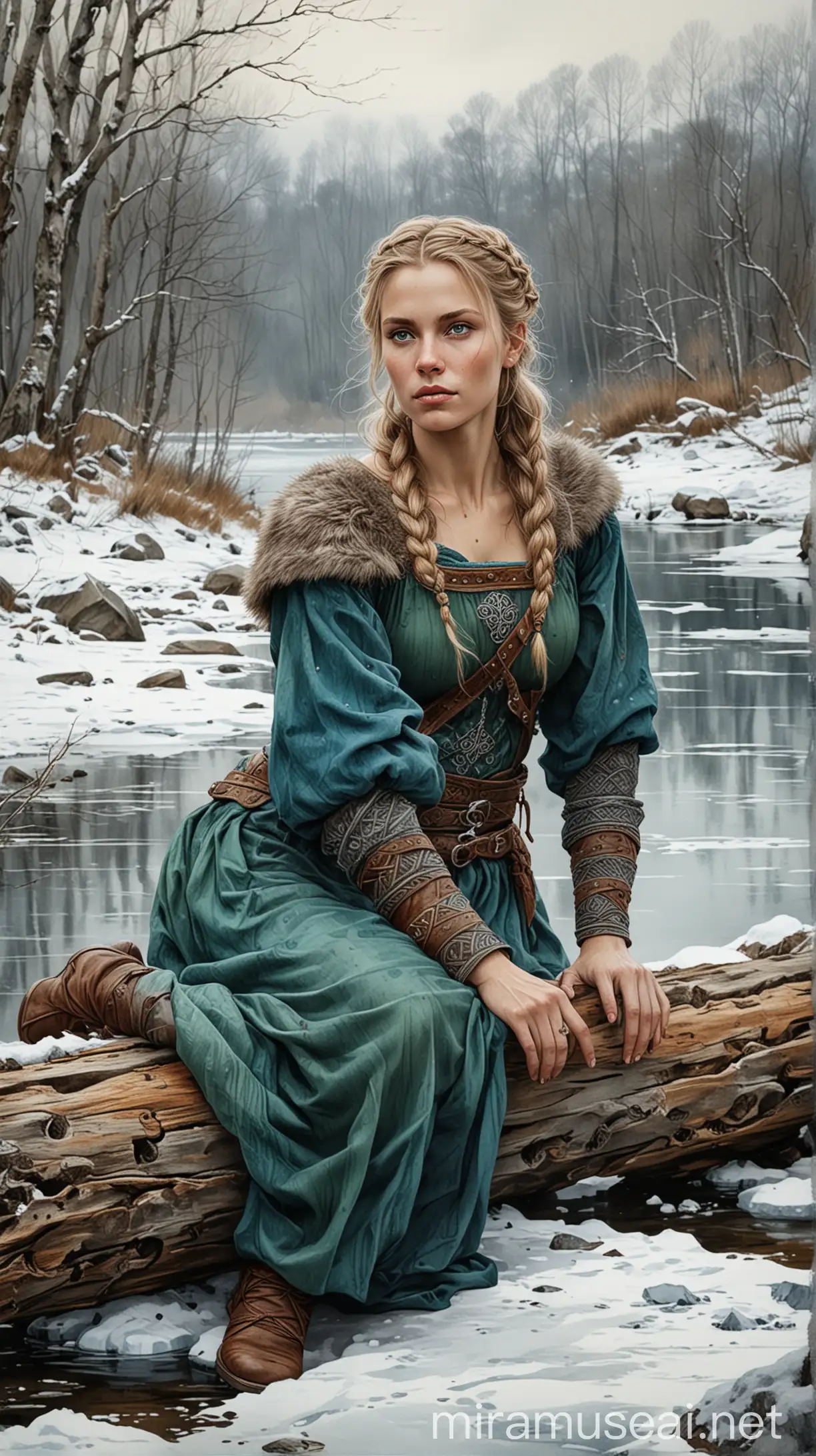 Stunning Viking Woman in Traditional Dress Resting by Riverside