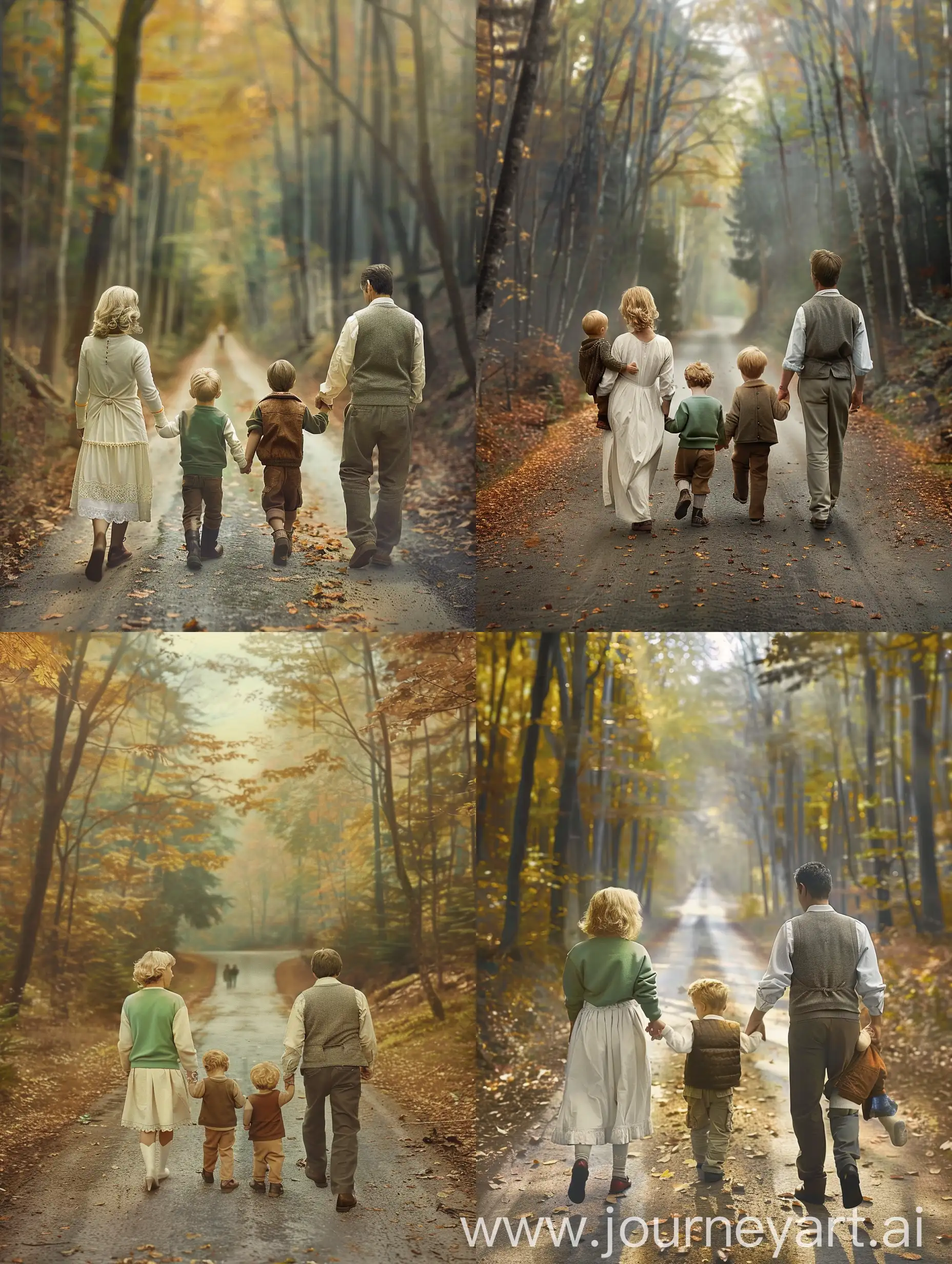 A colorful photo depicting a family of four walking on a forest road. Each parent is holding one of their young children's hands and facing the camera. The mother, with blonde hair and wearing a white dress, is holding the hand of the older son wearing a green sweatshirt. The father, dressed in grey, is holding the hand of the younger son in a brown vest. The road passing through the forest is lined with tall trees and autumn leaves, creating a serene and pleasant atmosphere. Soft sunlight filters through the trees, illuminating the surroundings. This image effectively conveys warmth, family, and the tranquility of nature with high clarity (in focus), depth of field, captured by Steve McCurry, realistic photography, precise details, 3:4 aspect ratio, V6.