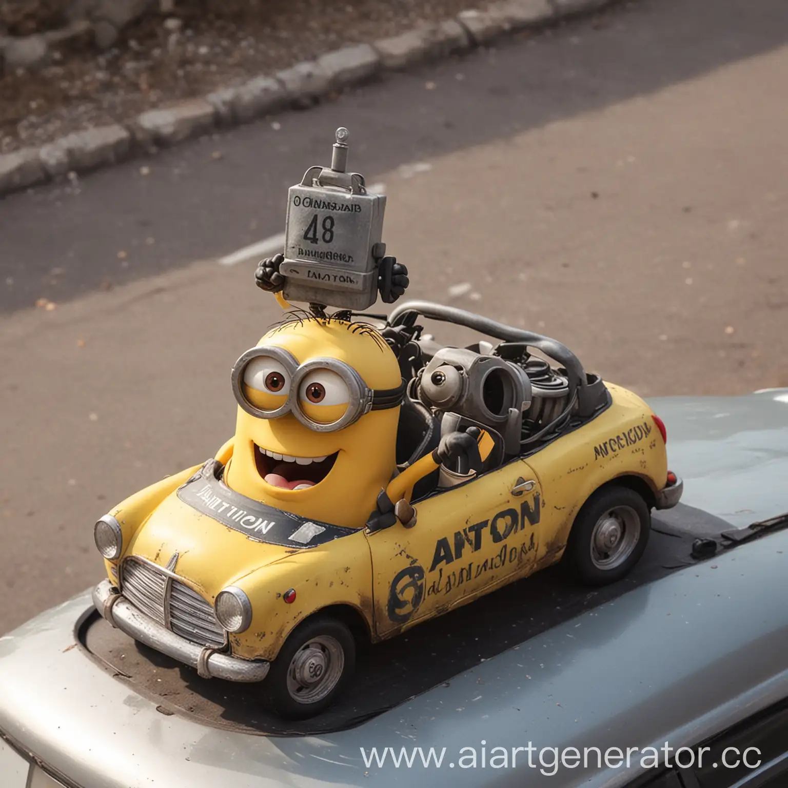 a minion on a car with the inscription ANTON