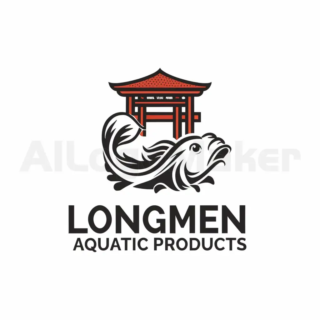 a logo design，With red as the dominant color, with the text 'Longmen Aquatic Products', main symbol: The carp jumps over the Dragon Gate, A cute little carp， Minimalistic, to be used in the Restaurant industry, clear background