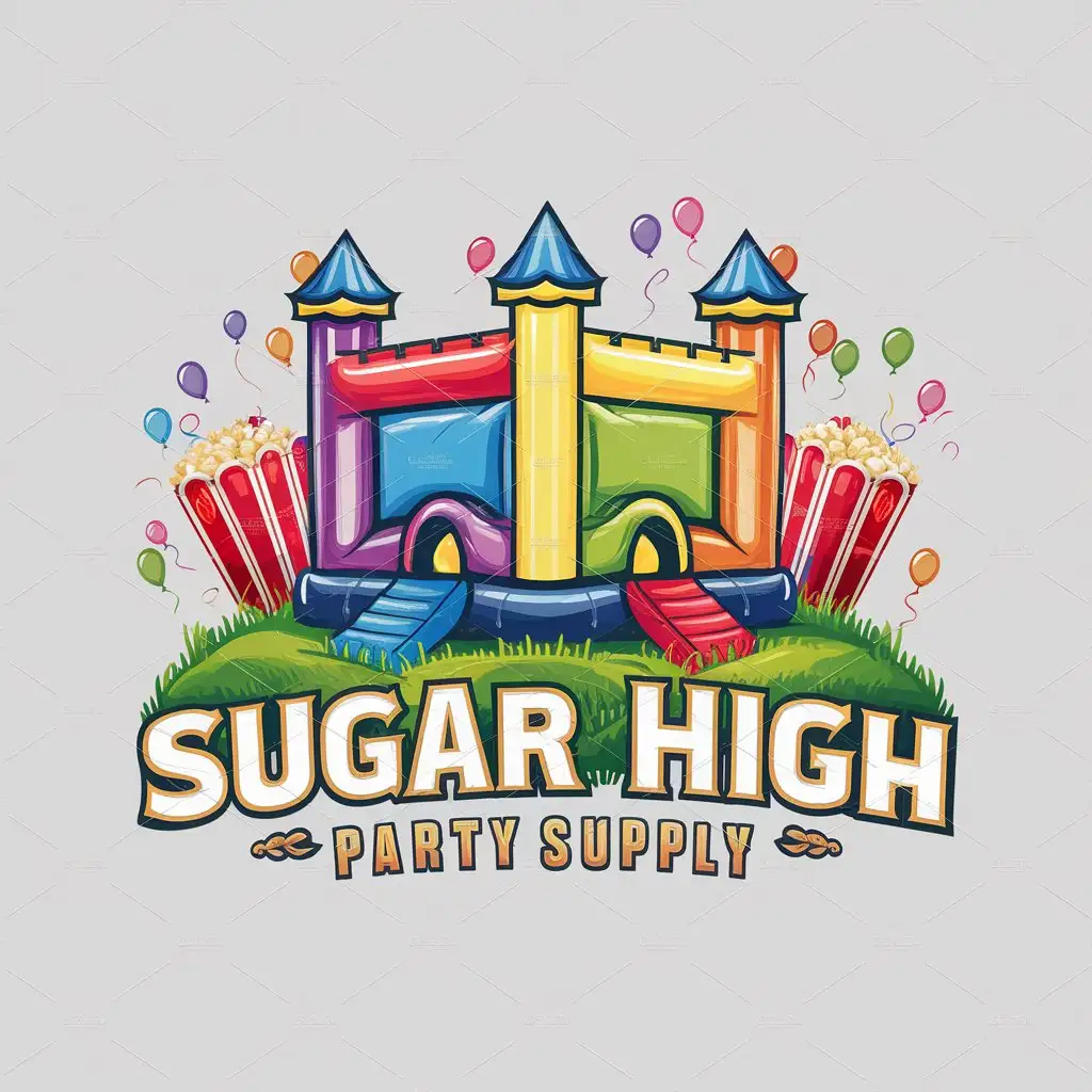 a logo design,with the text 'Sugar High Party Supply', main symbol:Brightly colored bouncy castle (Red, blue, green, yellow, orange, purple) that has 4 pillars in the corners with tower tops. The castle will be sitting on a grassy hill with popcorn in red boxes on the sides and colorful balloons floating around,Moderate,be used in Events industry,clear background. Letters will have gold outline