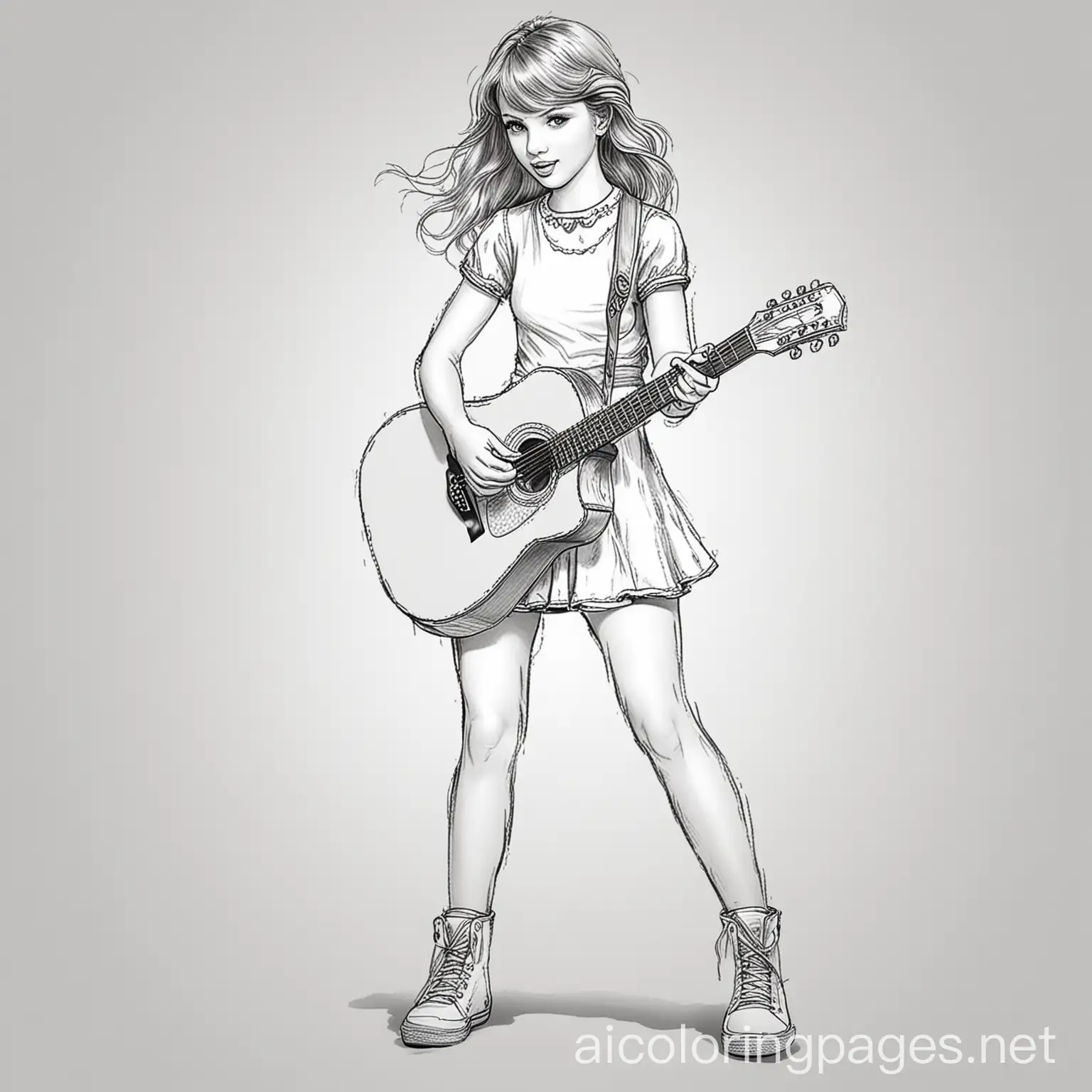 Taylor swift full body with legs and singing image with guitar , Coloring Page, black and white, line art, white background, Simplicity, Ample White Space. The background of the coloring page is plain white to make it easy for young children to color within the lines. The outlines of all the subjects are easy to distinguish, making it simple for kids to color without too much difficulty, Coloring Page, black and white, line art, white background, Simplicity, Ample White Space. The background of the coloring page is plain white to make it easy for young children to color within the lines. The outlines of all the subjects are easy to distinguish, making it simple for kids to color without too much difficulty