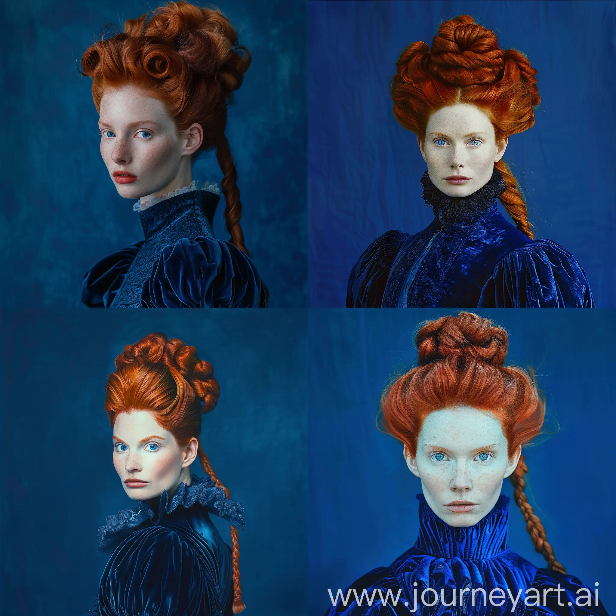 To recreate this image on Midjourney, you can use the following detailed description:

---

A striking portrait of a woman with fair skin and piercing blue eyes. She has vibrant red hair, styled elaborately with a high, voluminous bun on top and a long loose braid falling over her right shoulder. Her expression is serious and determined, conveying a sense of strength and resolve. She is dressed in a dark blue, possibly velvet, Elizabethan-era costume with rich and ornate details. The background is a deep blue, complementing her hair and attire, creating a dramatic contrast that highlights her face. --v 6

---

This should help guide the AI to produce an image similar to the one you provided.