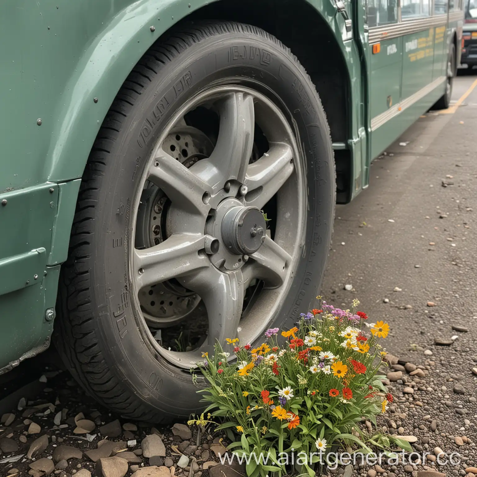 Цветы растут рядом с колесом автобуса