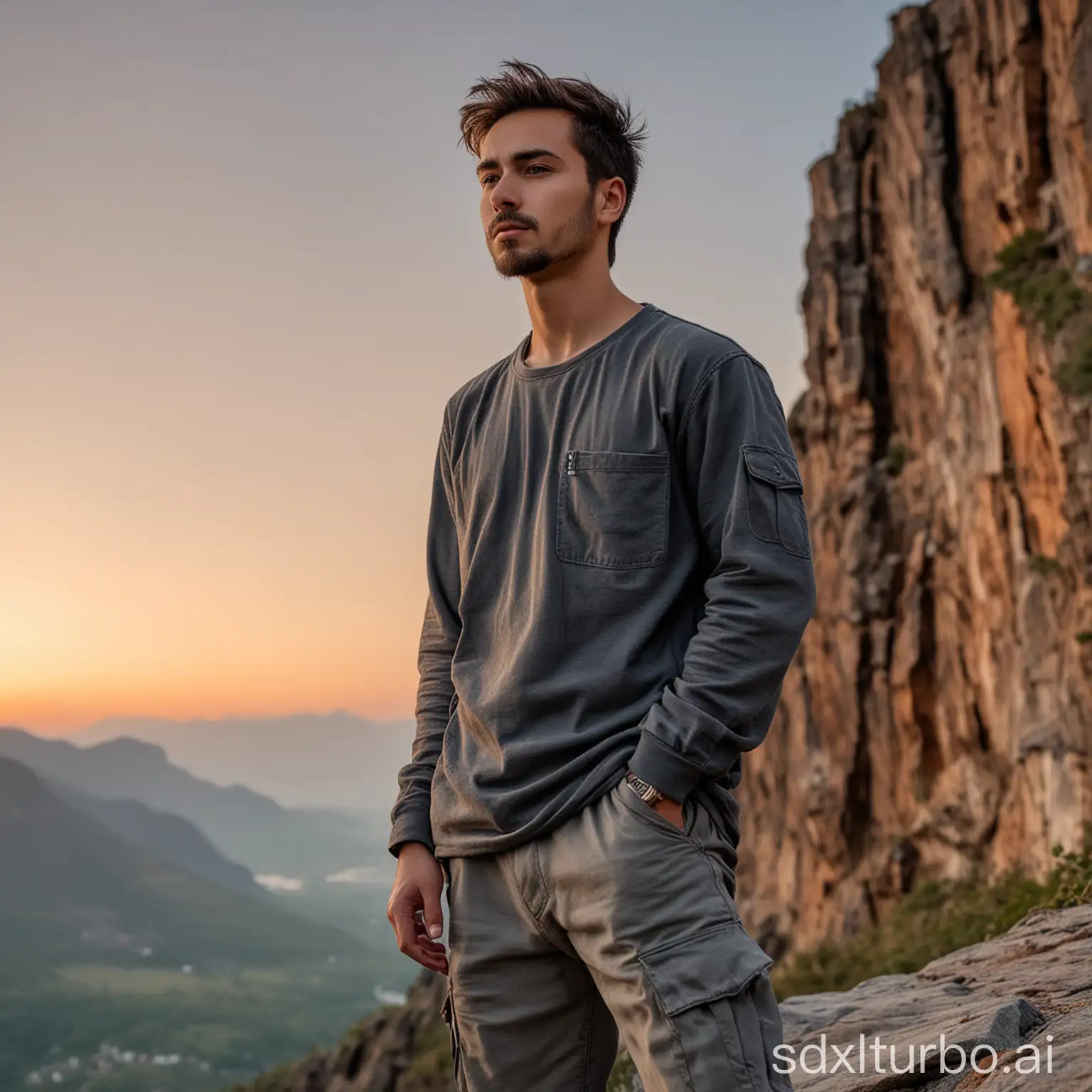 A 23-year-old boy, average body & height, patchy beard, straight nose, light dark skin tone, broad eyebrows is standing on cliff of mountain and watching a beautiful dawn. he is wearing cargo pant of dark grey colour and full sleave t-shirt of light grey in colour.