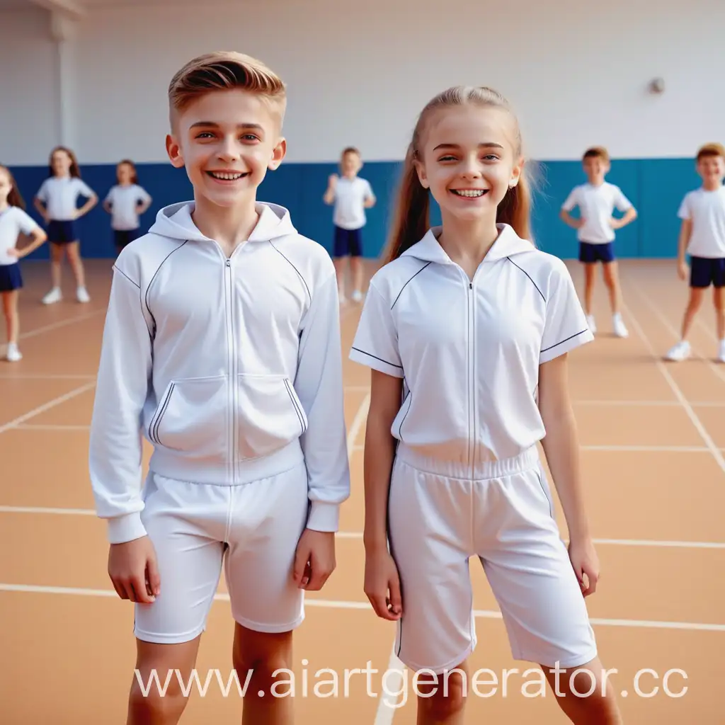 мальчик и девочка школьного возраста в спортивных белых костюмах победили в соревновании, радостные и счастливые лица, 4к
