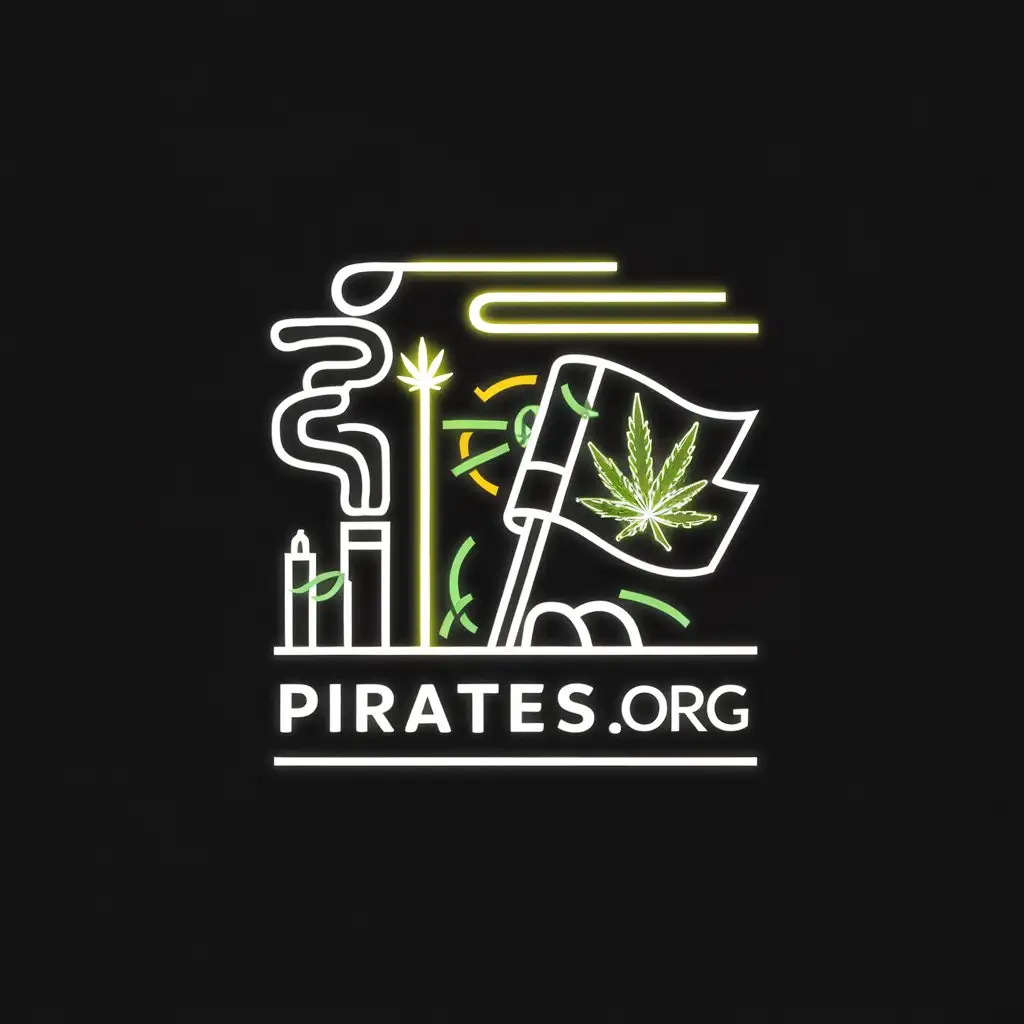 Минималистичный яркий логотип с элементами дыма, неоновой подсветки, листьев каннабиса, пиратский флаг с каннабисом и надпись PIRATES org