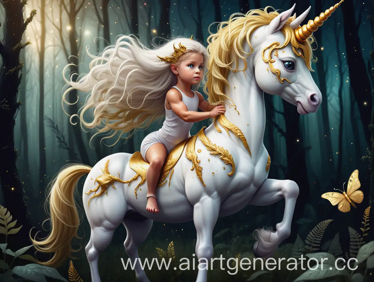 Adventurous-Little-Sophia-Riding-a-White-Unicorn-with-Golden-Mane-Through-Cosmic-Forest-Edge