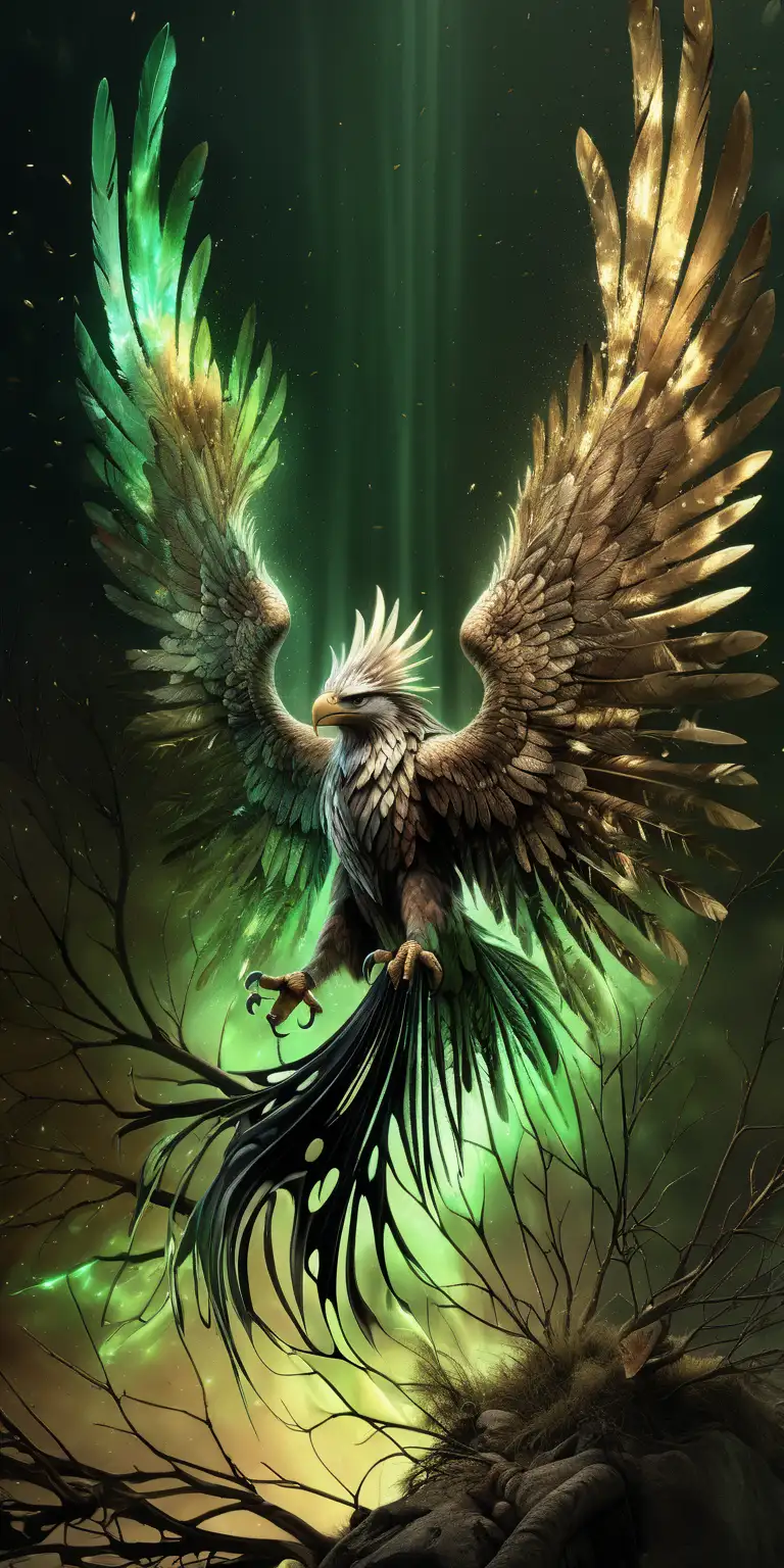 abstract wallpaper. green, brown, black. branches. fall leaves. streaks of metal, hints of gold spackles. no life. surreal. splash art. pour paint. viking themed. multi-depths. house banner style. glowing harpy feathers and detached harpy wings. cinematic lighting and cinematic shading. Ultra high definition. very intricately and microscopically detailed.