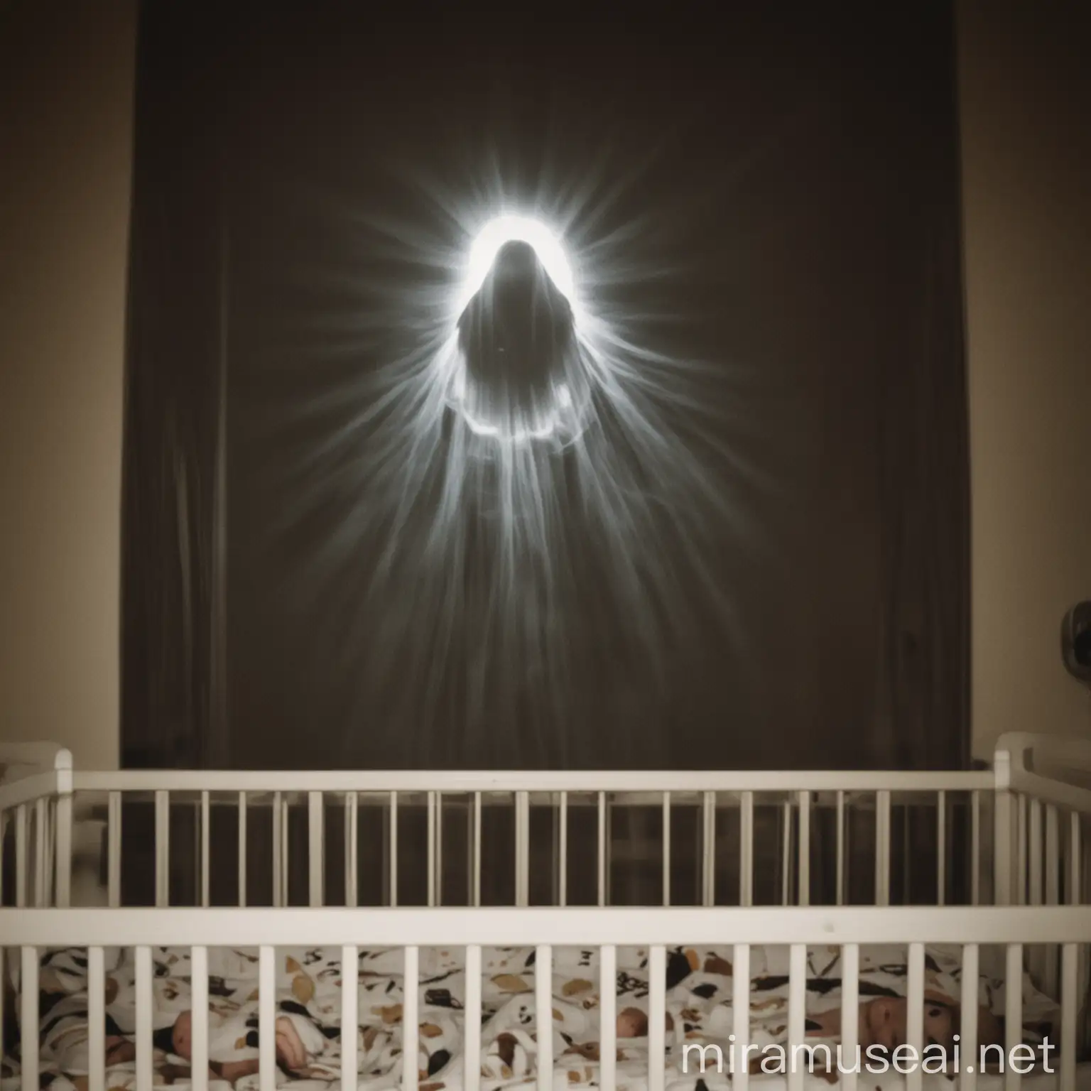 a spooky picture or a fhosrly apparition hovering over a babys cot seen through a baby camera monitor
