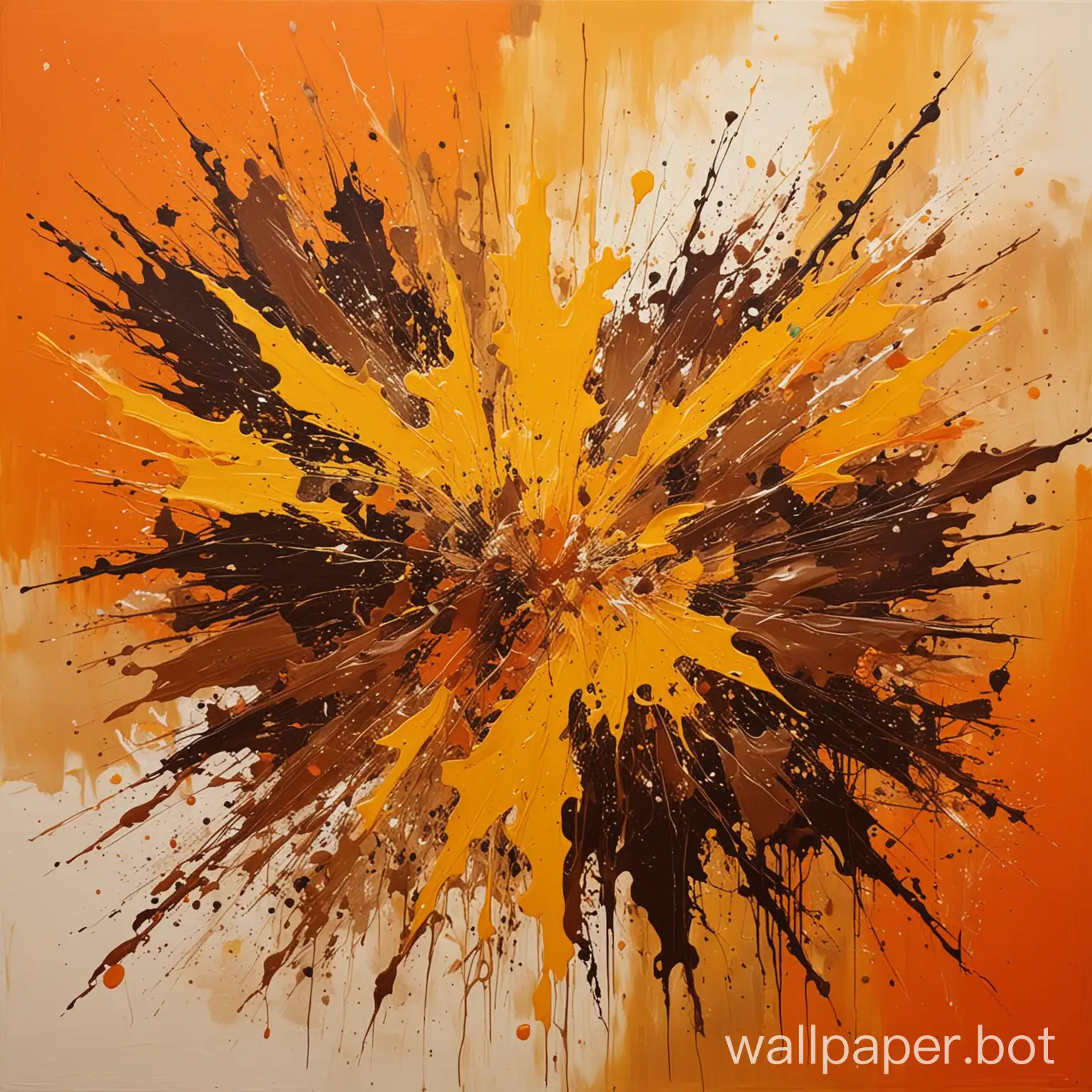 abstract painting with plashes of yellow and brown colours in a orange background