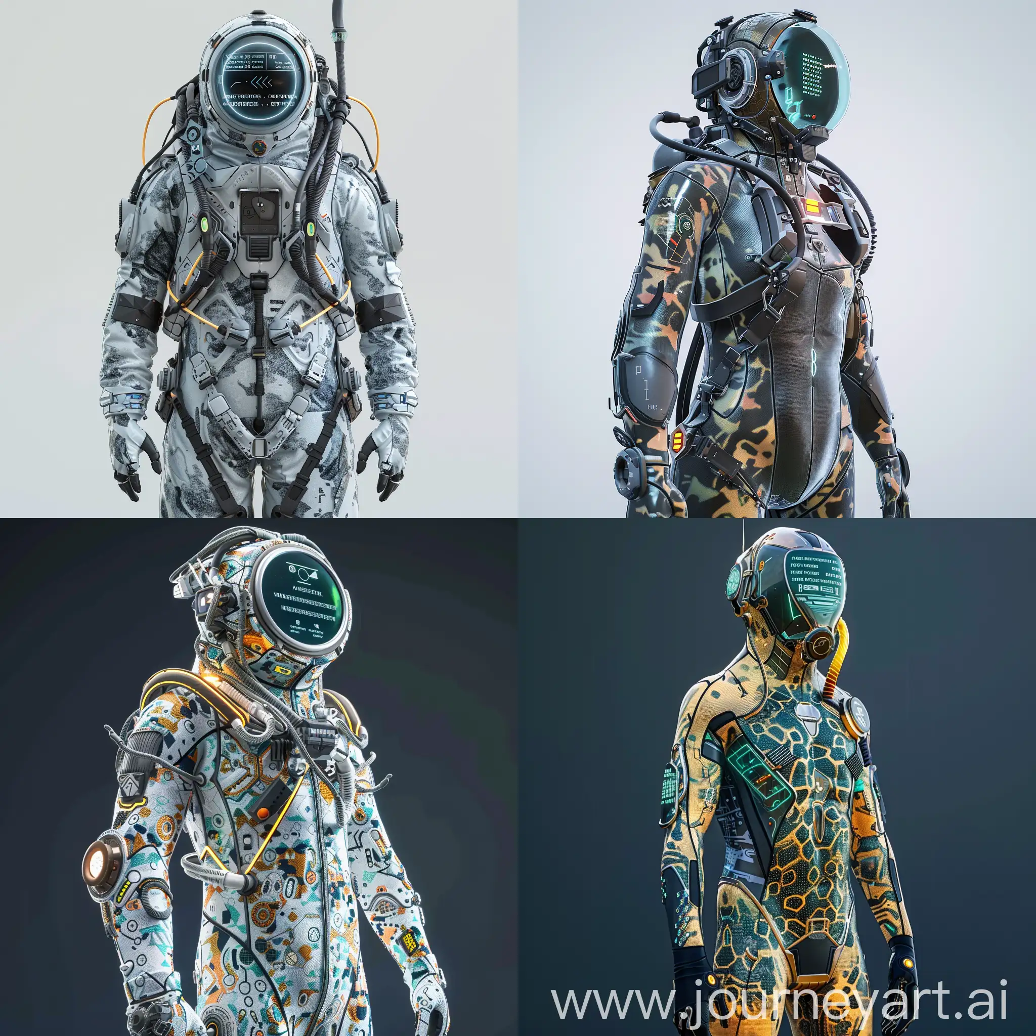 Imaginative futuristic diver's costume, Integrated Heads-Up Display (HUD), Nanomaterial Fabric, Thermal Regulation System, Hydrophobic Coating, Oxygen Recycling System, AI-Assisted Navigation, Biometric Monitoring, Power-Assisted Mobility, Wireless Communication System, Modular Component Integration, Cloud Data Syncing, Social Media Connectivity, Information Encryption, Big Data Analytics, Machine Learning Algorithms, Haptic Feedback System, Remote Operability, Virtual Reality Training Modules, User Interface Customization, Cybersecurity Measures, Adaptive Camouflage Skin, Solar Panel Scales, Water Jet Propulsion, Multi-Tool Appendages, Sensory Enhancement Fins, Emergency Flotation Devices, LED Communication Signals, Reinforced Exoskeleton, Environmental Sampling Pods, Global Positioning Interface, Data Streaming Fins, Blockchain-Enabled Identification, IoT Connectivity, Augmented Reality Visor, Peer-to-Peer Network Nodes, Crowdsourced Navigation Maps, Wireless Charging Stations, Open-Source Hardware Interfaces, Cyber-Physical System Integration, unreal engine 5 --stylize 1000