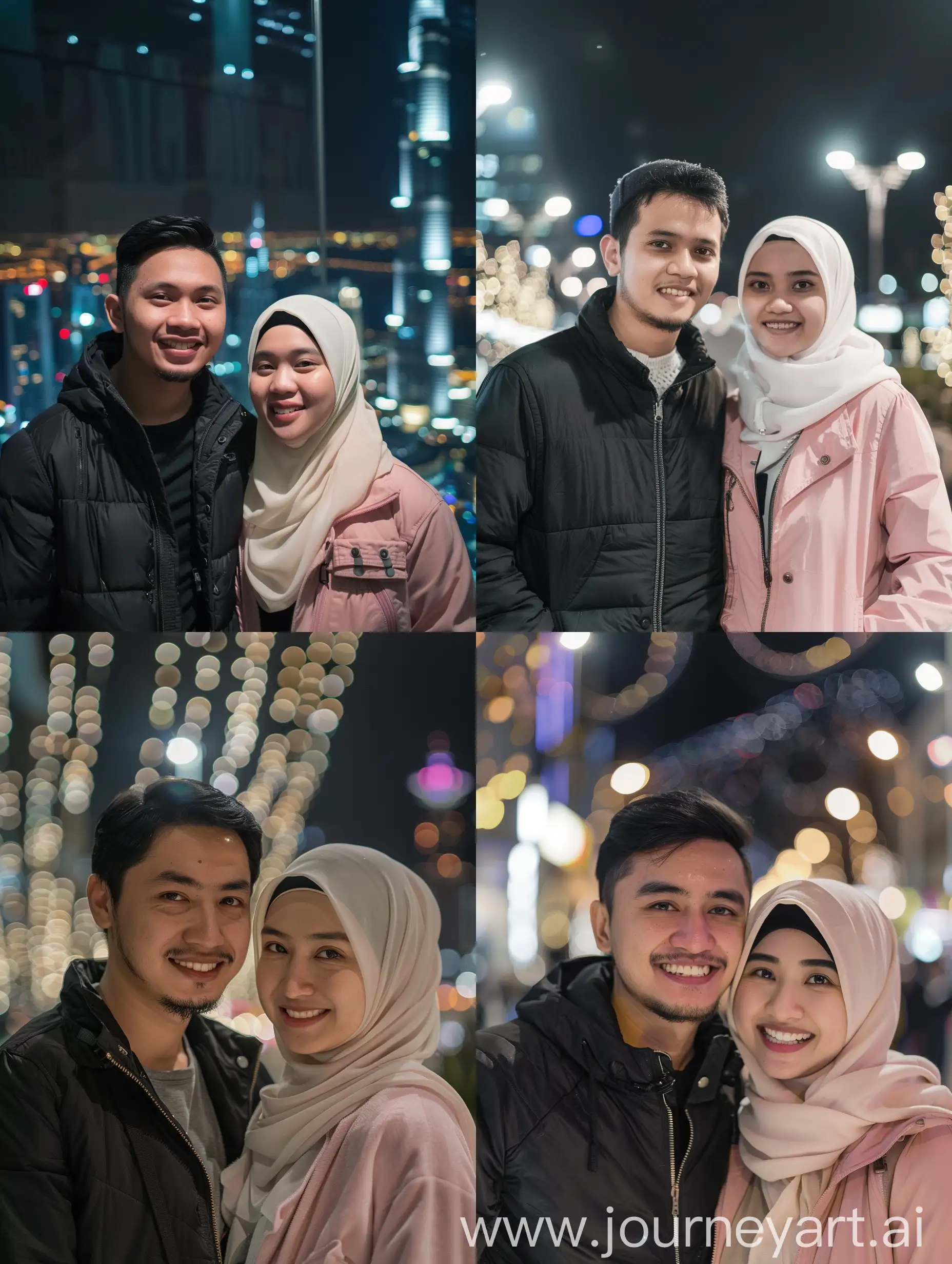 Indonesian-Couple-in-Qatar-City-at-Night-Smiling-in-Urban-Contrast