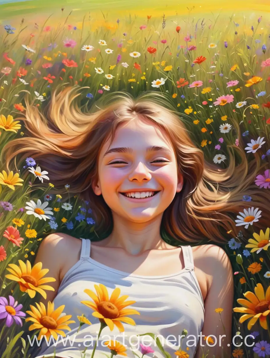 Девушка лежит в поле из цветов. Вокруг нее цветы, луг. Солнце. Улыбка. ЛЕто. Живопись. Мазки.