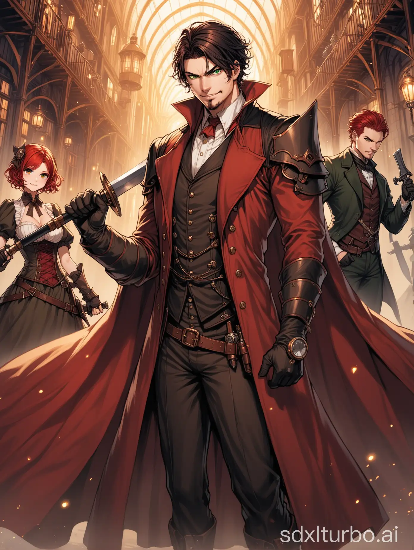 a handsome man, black short straight hair, red color eyes with scar, with dark circles, with intimidating expression, muscular body, with a beige suit, a extravagant executioner's cape, with a smiling psychopath redhead girl, with pixie curly short hair, green eyes, Victorian dress, with a executioner's cape, holding a rare weapon, blood, steampunk