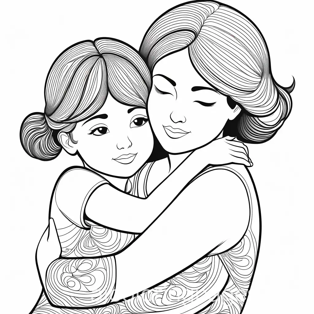 plump mother and one 10 year old child hugging , Coloring Page, black and white, line art, white background, Simplicity, Ample White Space. The background of the coloring page is plain white to make it easy for young children to color within the lines. The outlines of all the subjects are easy to distinguish, making it simple for kids to color without too much difficulty
