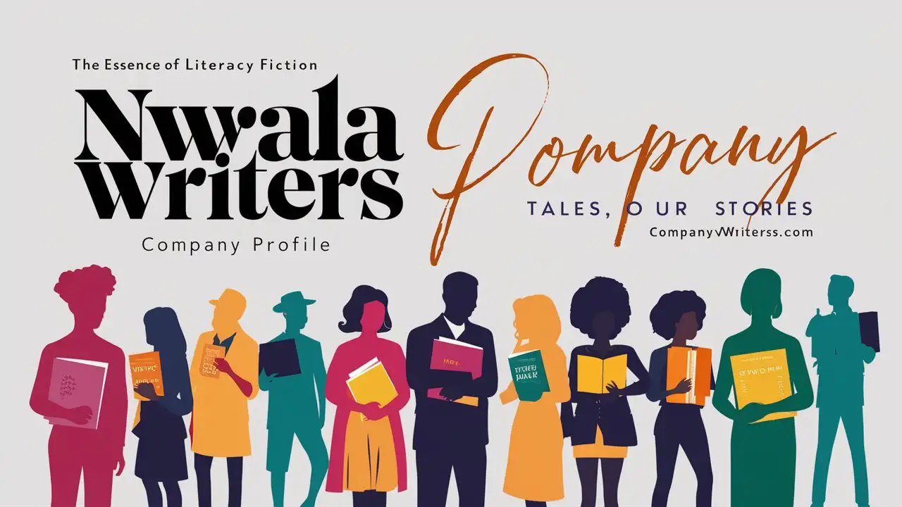 literacy fiction book writing color silhouettes animation design. Title 'Nwala Writers" Subtitle 'Company Profile' Tagline "Our Words, Our Tales, Our Stories" powerpoint presentation 