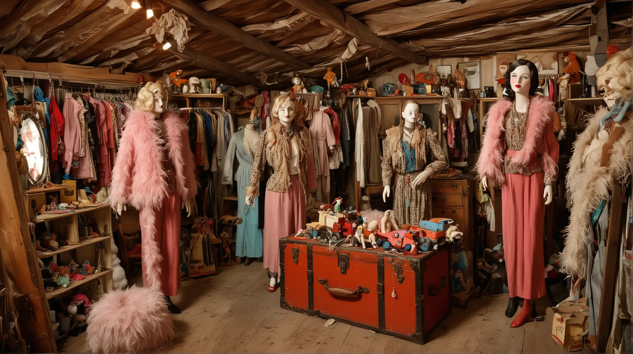 un grenier avec  une malles , vieux jouet, miroir, des manequins de magasin, des vêtements années 30 avec boa en plume, coloré