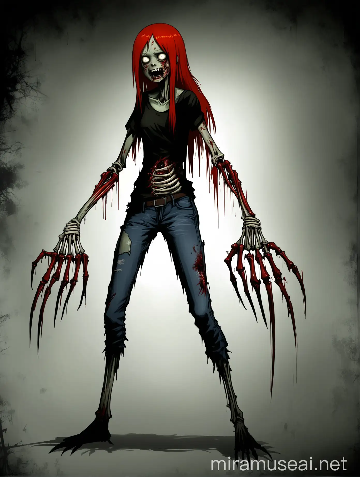 left 4 dead concept art of a special infected zombie girl, red half long hair, claws, big long needle like teeths, four arms, bones, gore, intetsines, slim slender body, small breasts, wearing black shirt with jeans, 