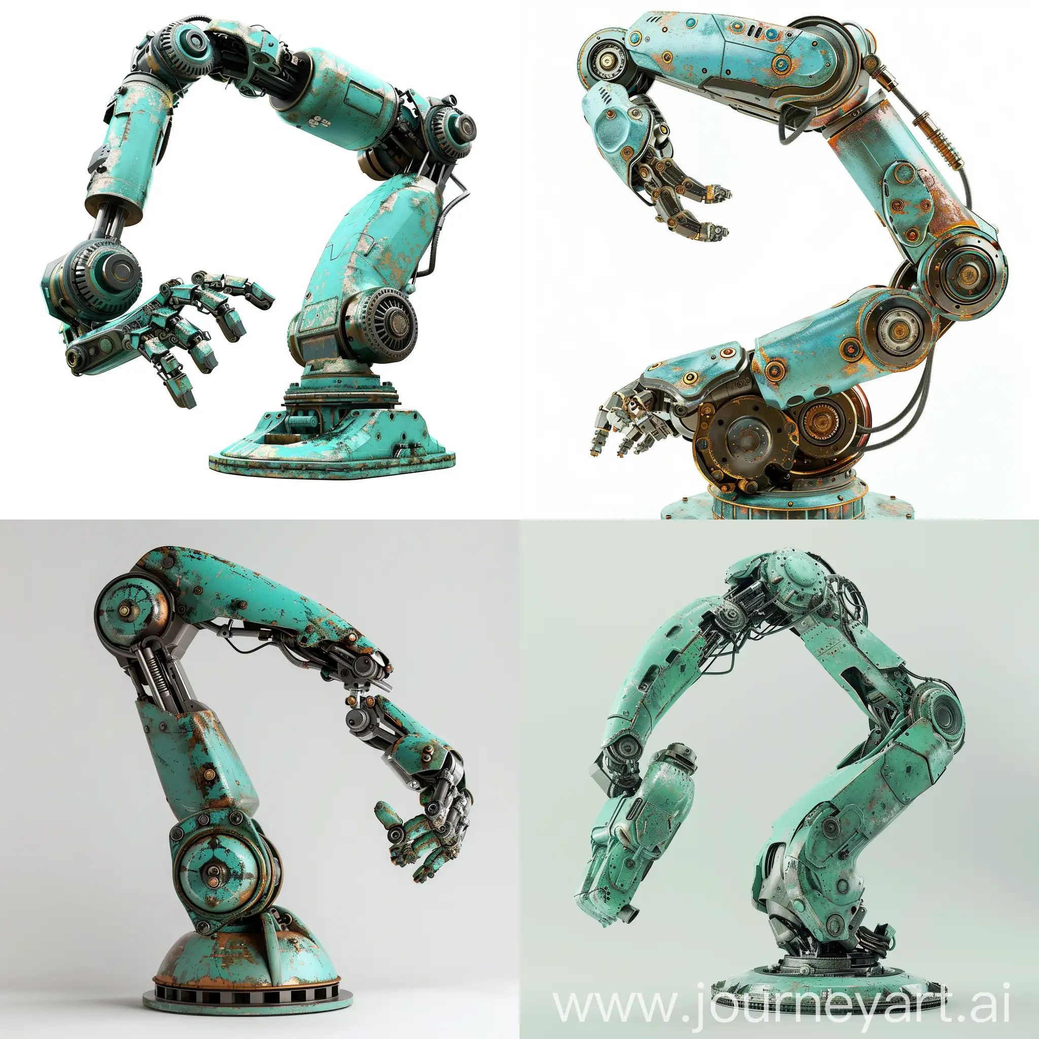 做一个车间使用的机器人手臂图片，白色背景，青绿色的外观，金属材质，单独一个模型