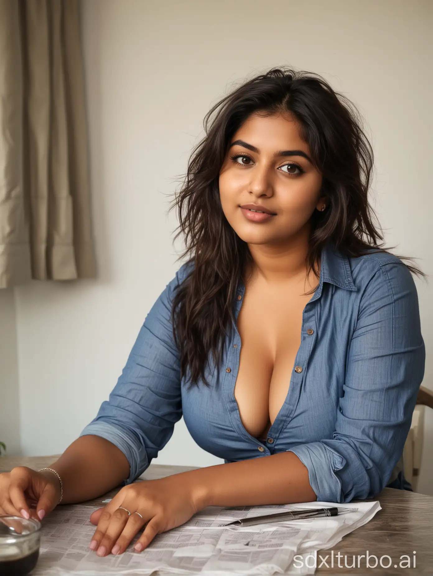 Curvy and busty Indian girl with brunette messy layered hair, deep v cleavages, sitting across the table. Wearing a unbuttoned shirt.