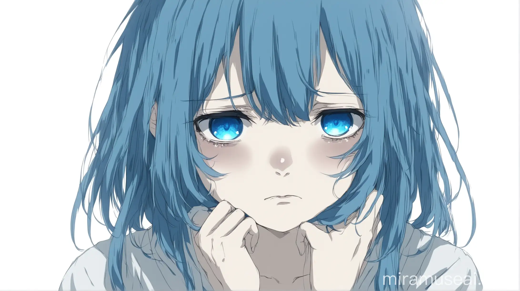 Anime Girl with Blue Hair in a Melancholic Pose on White Background