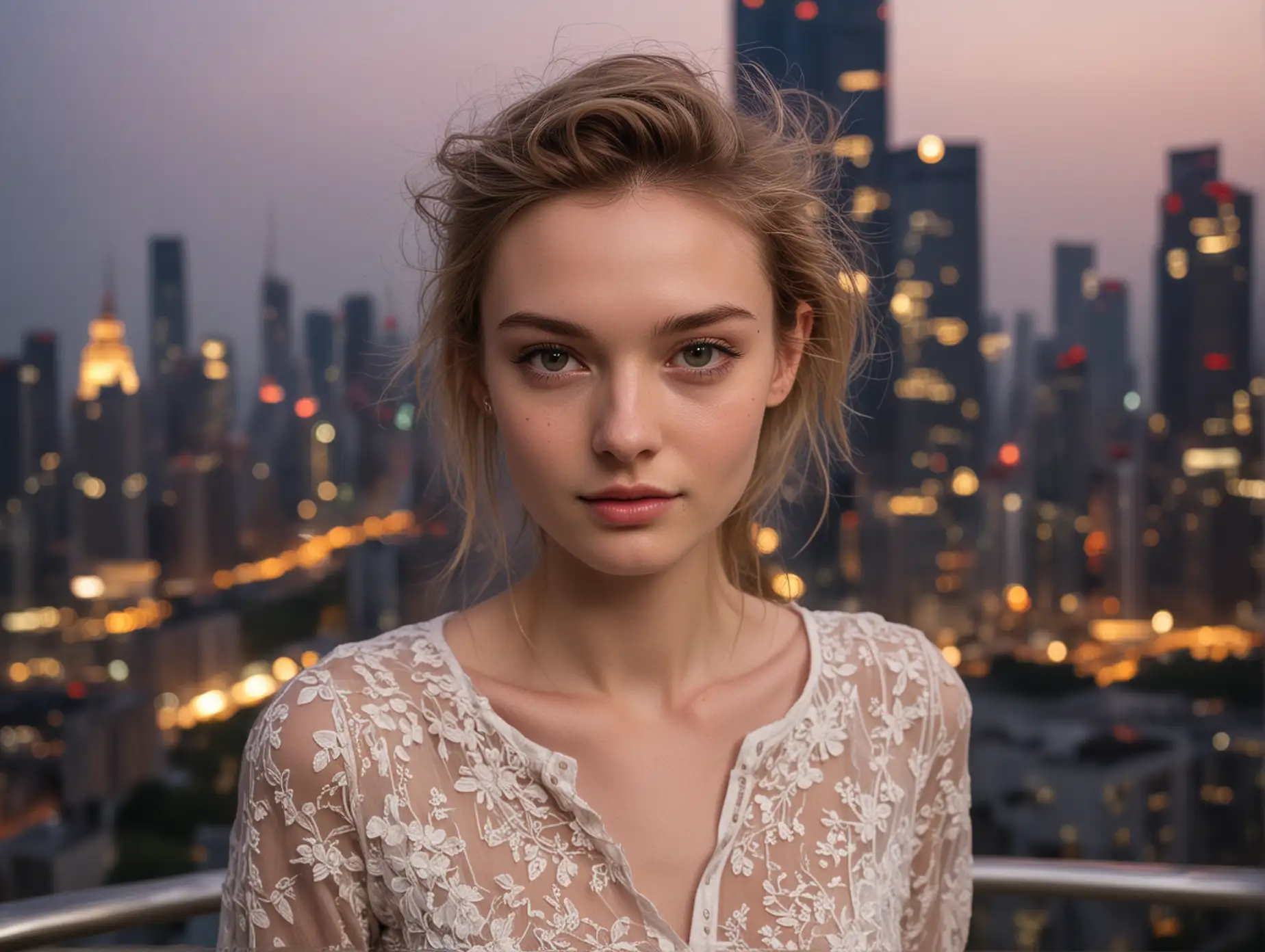 face of an angelic sweet skinny irish fashion model at a party at dusk in a luxury high rise in shanghai. she has a sweet kind face and soulful intelligent eyes.