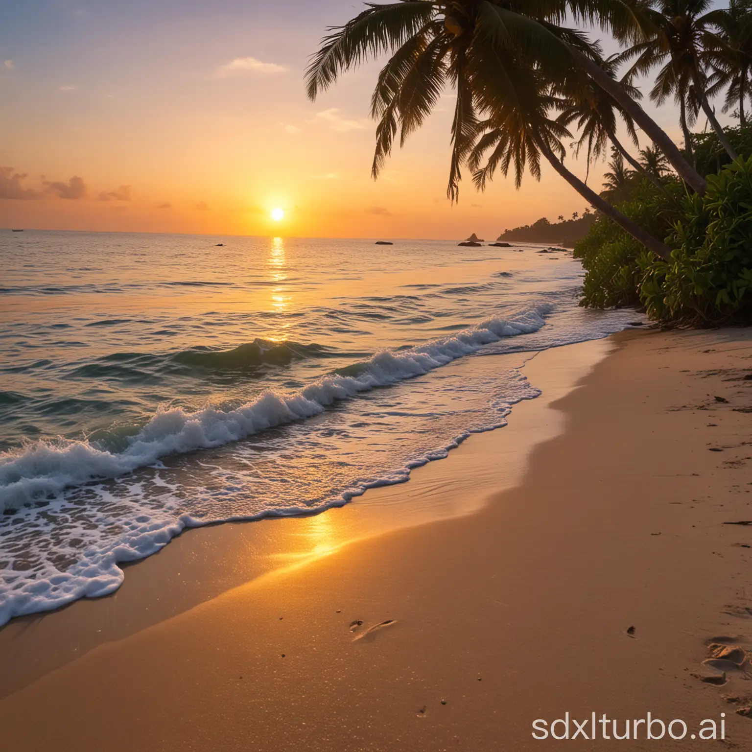 Sunrise from the sea, sandy beach, coconut palms