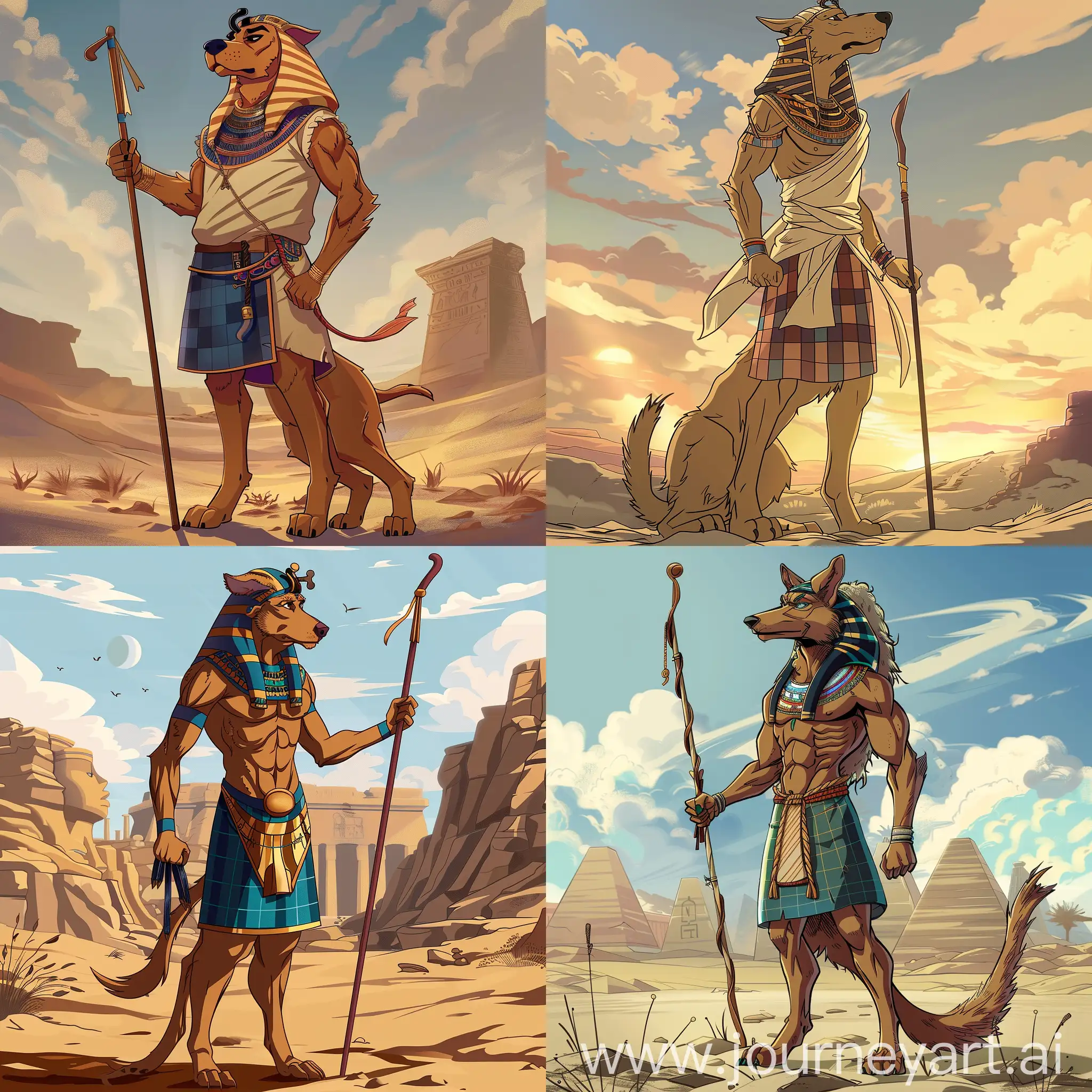 Anime illustration of a human which shaped at a shepherd dog, depicted in pharaoh kilt and headdress, has a staff in his hand, epic, at desert, illustration by scooby doo