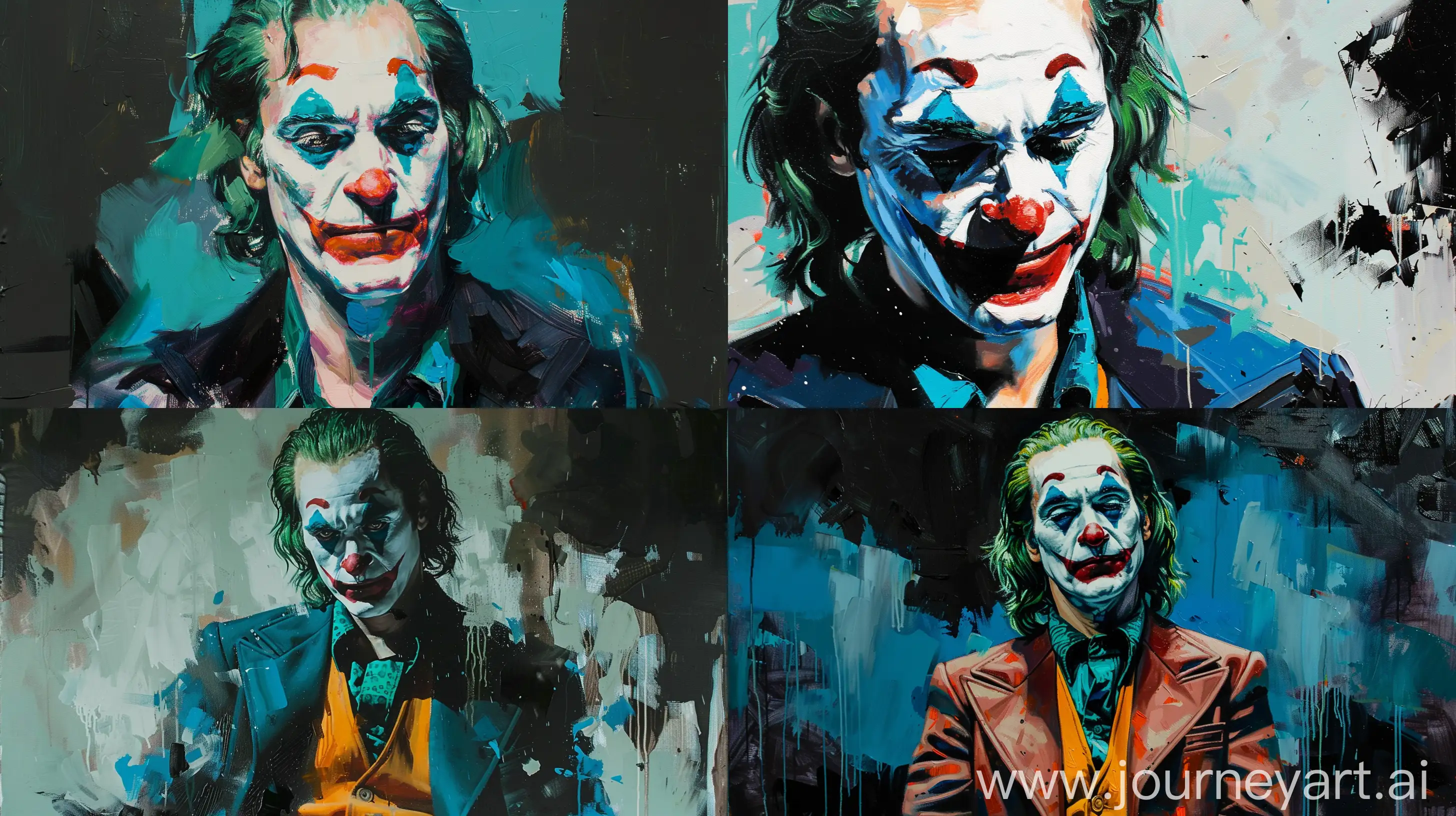 oil painting of Joaquin Phoenix as joker in star wars style with a color palette of bright blues, cyan, blacks, white, and a soft greenish-blue. There are also touches of bright skin tone --ar 16:9 --c 5