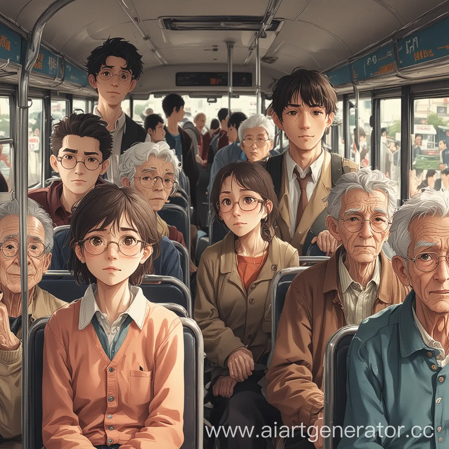 a young man on a bus full of old people in anime style