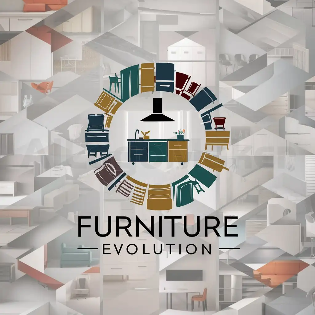 a logo design,with the text "Furniture Evolution", main symbol:Furniture,wardrobes,chairs,tables,kitchens,complex,be used in mebel industry,clear background