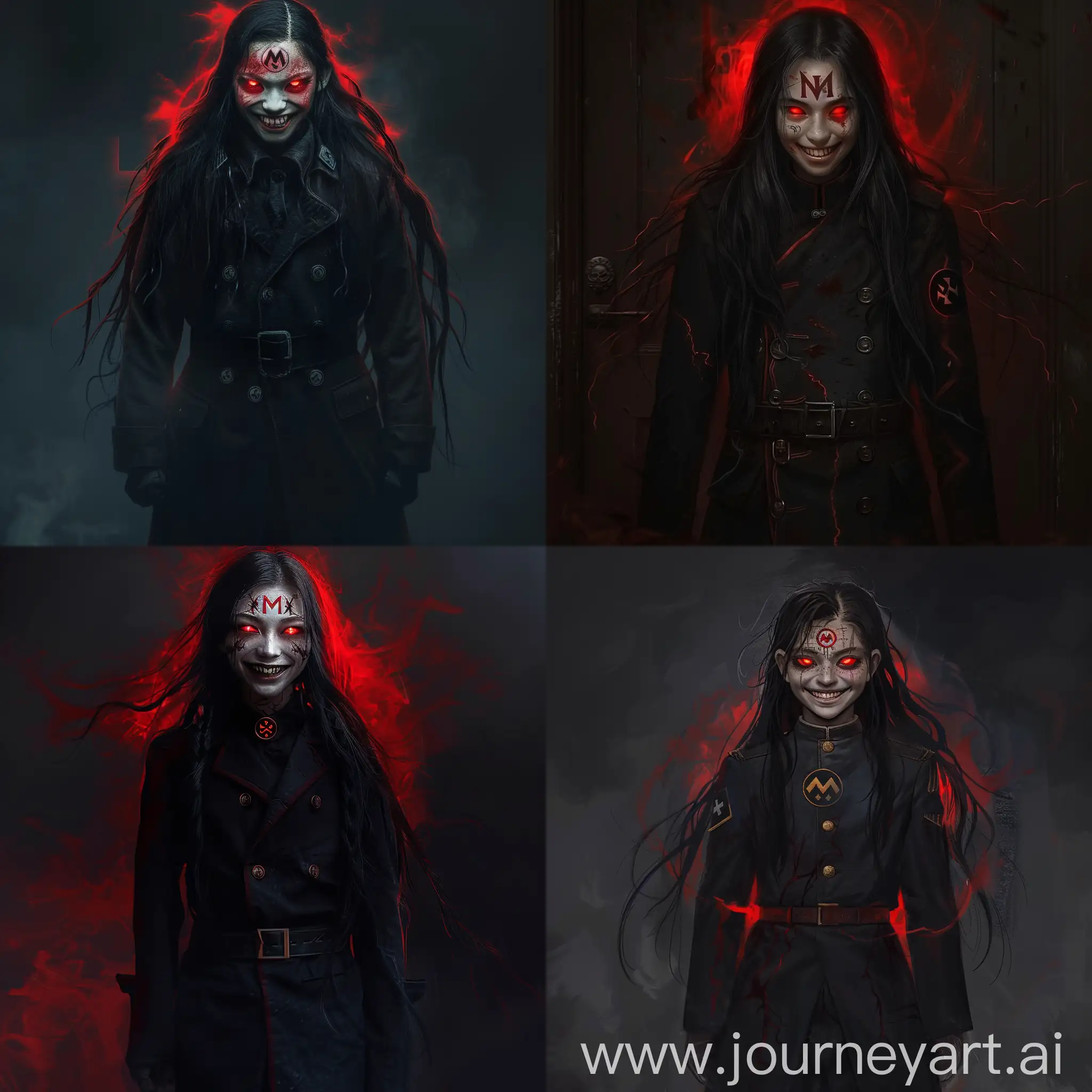 Androgynous, Asian boy, long black hair, with bright red eyes, smile on his face, evil smile, evil look, "M" symbol on his forehead, dark overcoat of a German officer from WW2, dark veins on his face and neck, pale skin, dark pants, red aura around the body