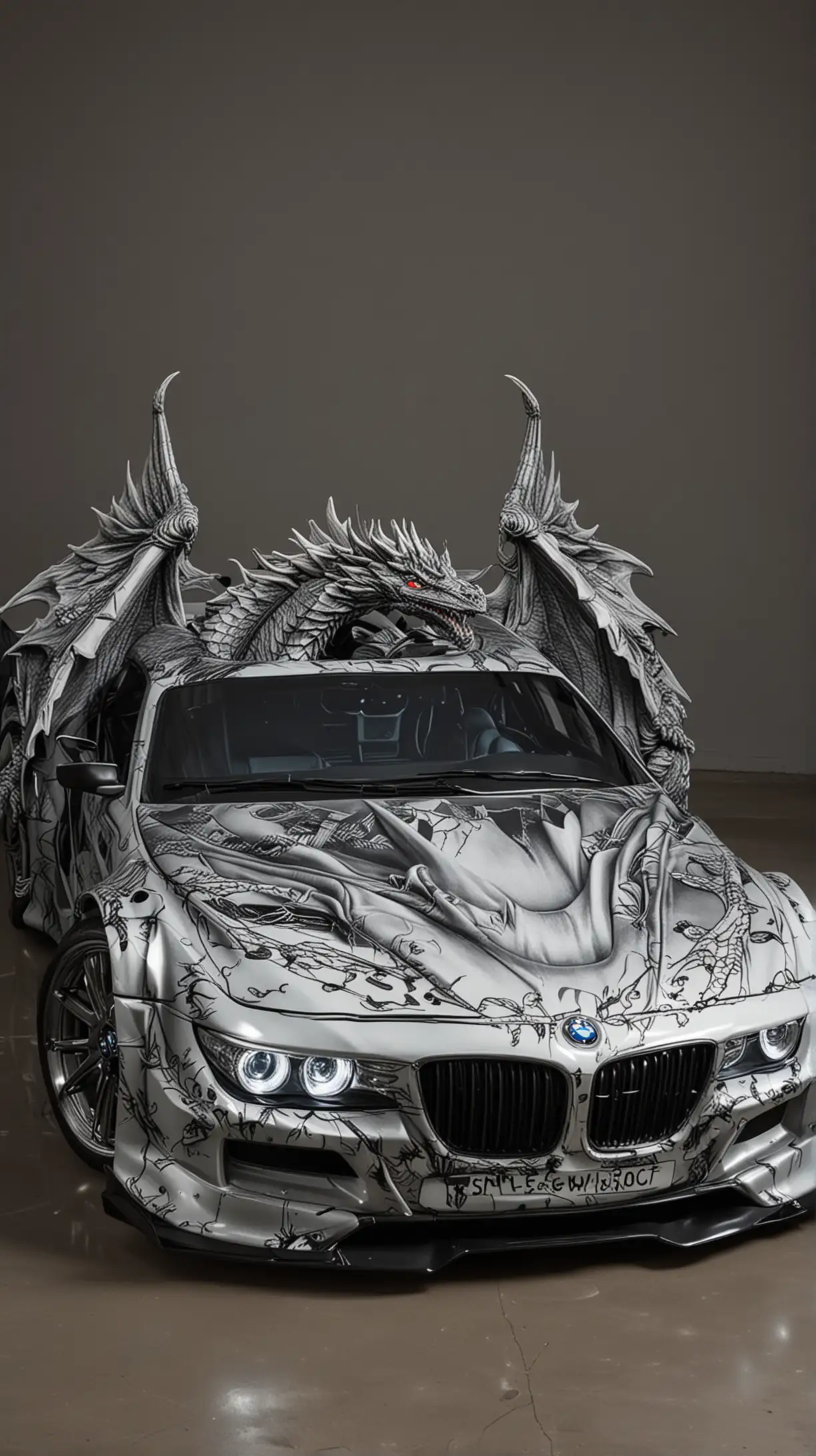 Double bed in the shape of a BMW car with headlights on and with graphics in the shape of an evil and good dragon