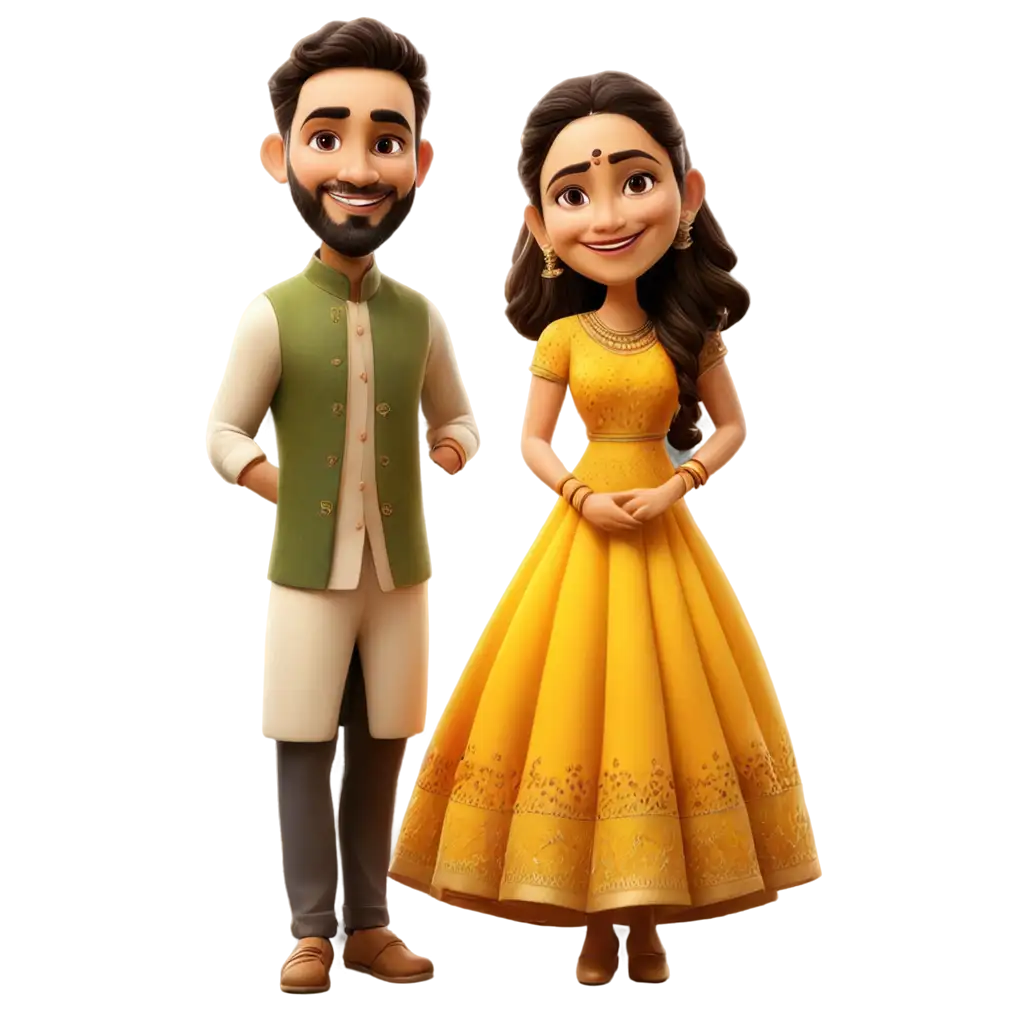 haldi caricature bride and groom standing